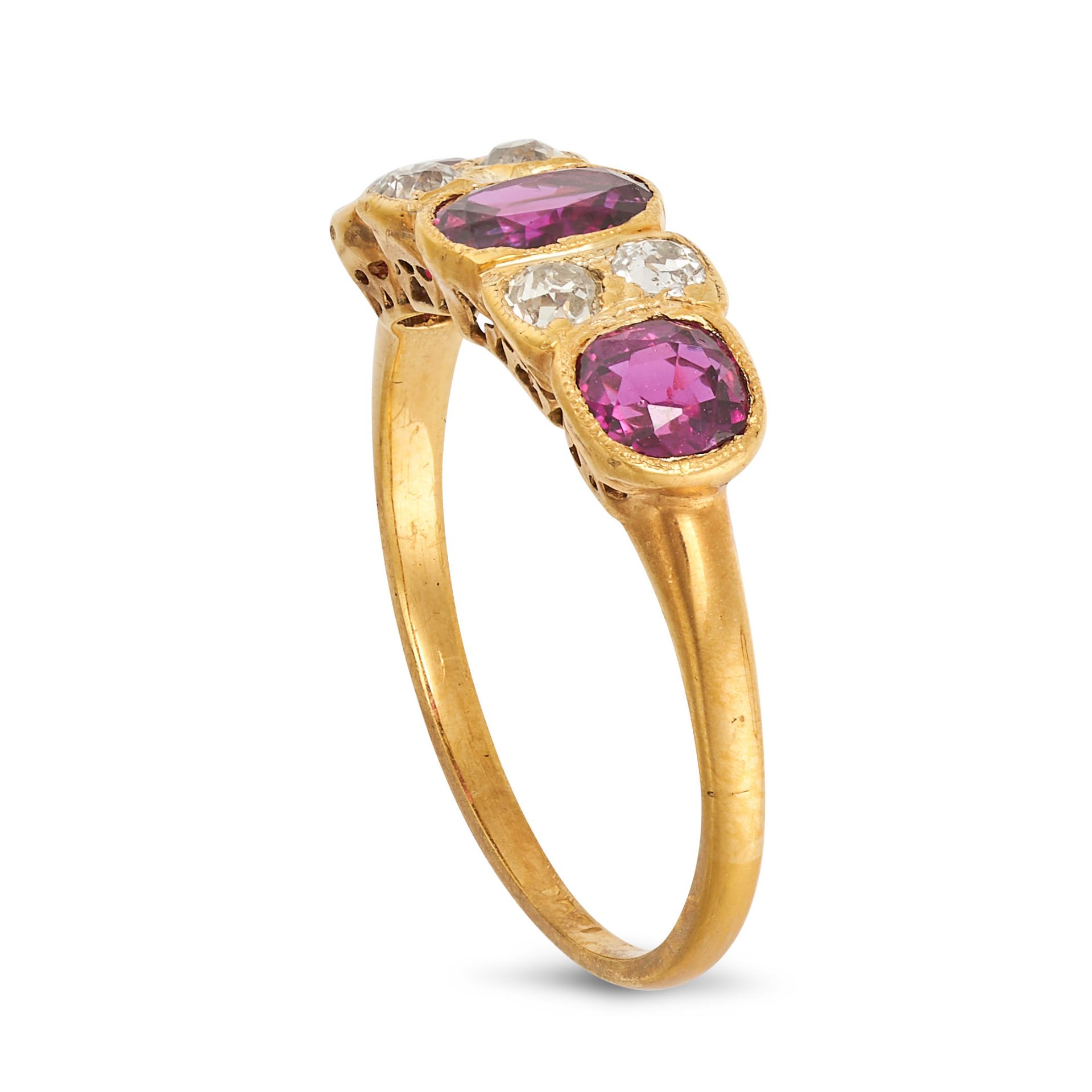 A RUBY AND DIAMOND RING in 18ct yellow gold, set with three oval cut rubies punctuated by pairs o... - Image 2 of 2