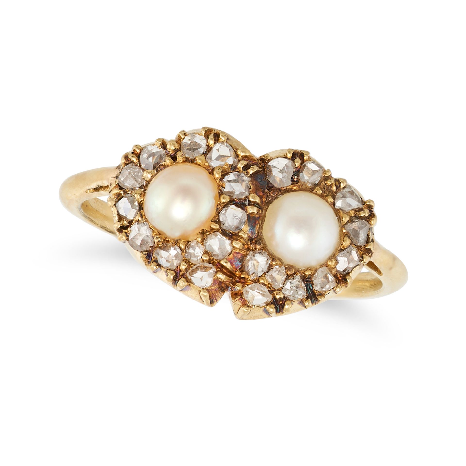 AN ANTIQUE PEARL AND DIAMOND SWEET HEART RING in yellow gold, designed as two hearts each set wit...
