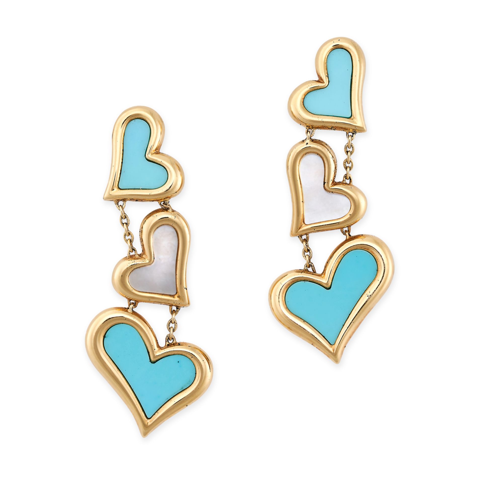 PIAGET, A PAIR OF TURQUOISE AND MOTHER OF PEARL EARRINGS in 18ct yellow gold, each comprising thr...