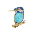 A VINTAGE TURQUOISE, DIAMOND, ENAMEL AND RUBY KINGFISHER BROOCH in yellow gold, designed as a kin...