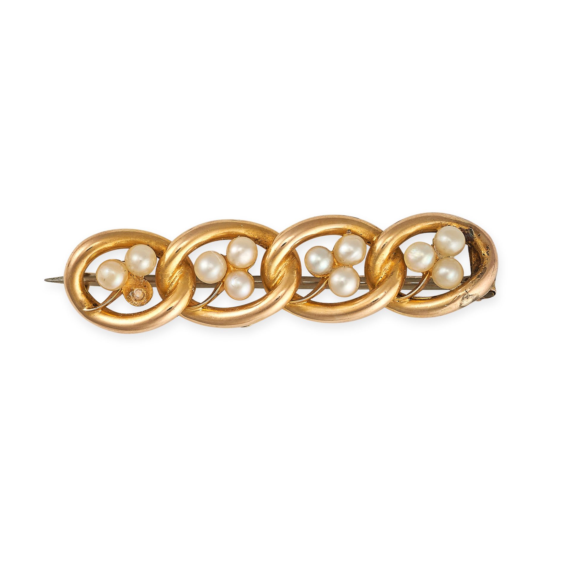 A VINTAGE PEARL CLOVER BROOCH in 18ct yellow gold, designed as a series of interlocking links, ea...