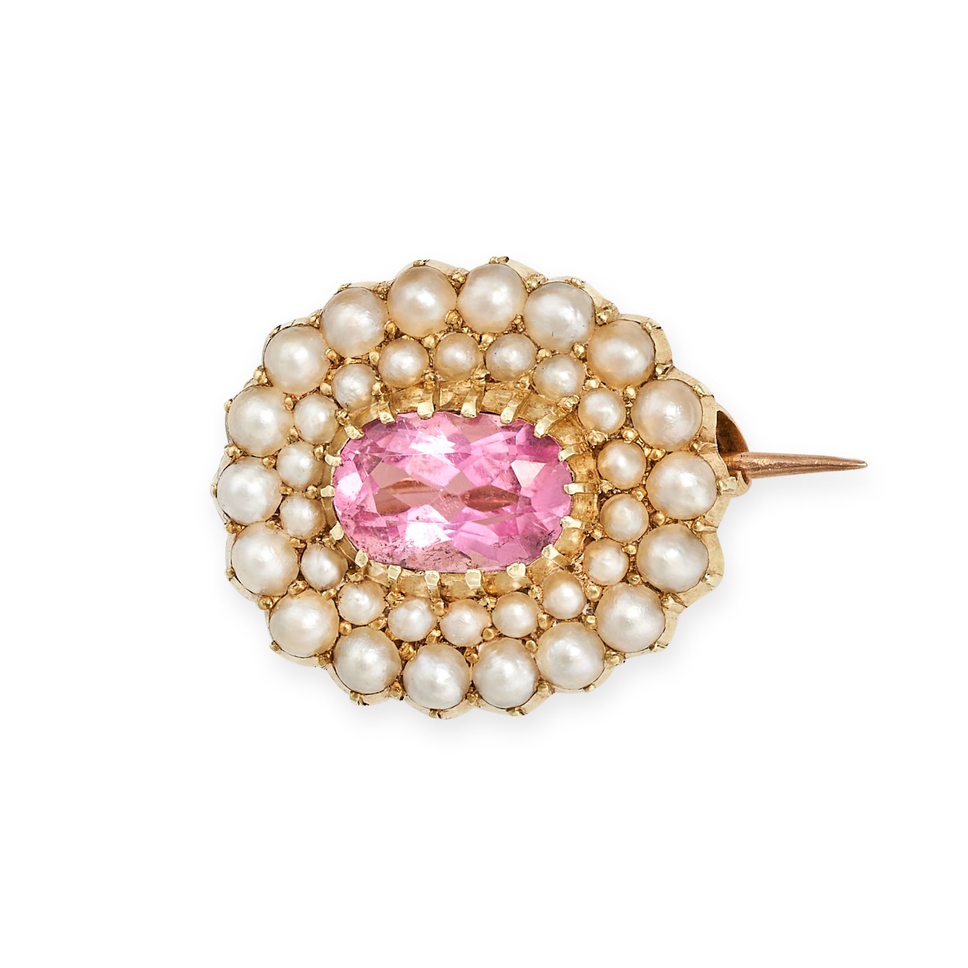 AN ANTIQUE PINK TOURMALINE AND PEARL BROOCH in yellow gold, set to the centre with an oval pink t...