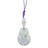 A JADEITE JADE PENDANT comprising three polished lavender jade beads suspending a mottled lavende...