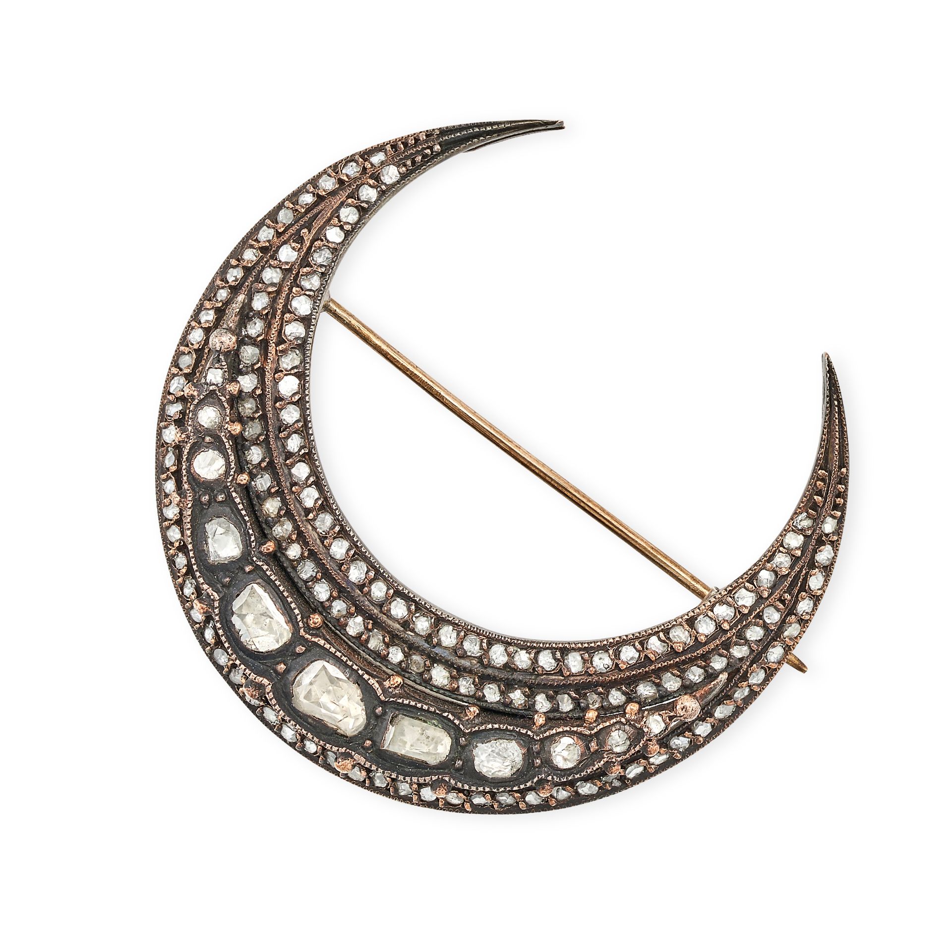 AN ANTIQUE DIAMOND CRESCENT MOON BROOCH set with rows of rose cut diamonds, no assay marks, 4.5cm...