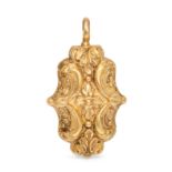 AN ANTIQUE VINAIGRETTE PENDANT in yellow gold, the ornate foliate body with hinged compartment op...