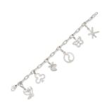 CARTIER, A VINTAGE BRACELET WITH UNASSOCIATED DIAMOND SET CHARMS in 18ct white gold, the link bra...