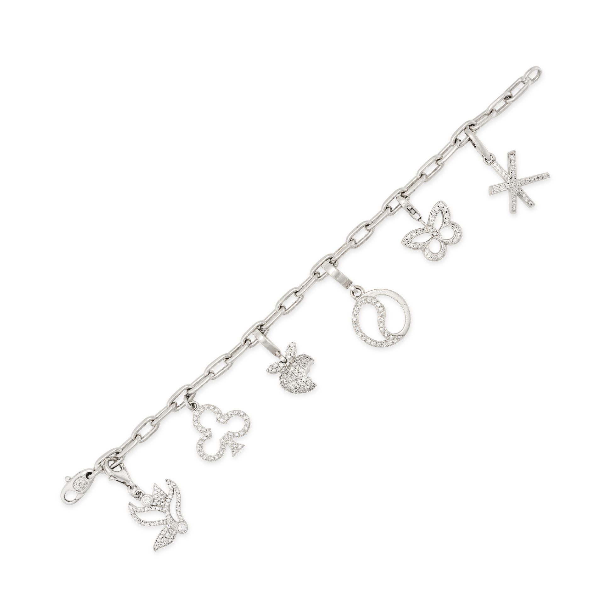 CARTIER, A VINTAGE BRACELET WITH UNASSOCIATED DIAMOND SET CHARMS in 18ct white gold, the link bra...