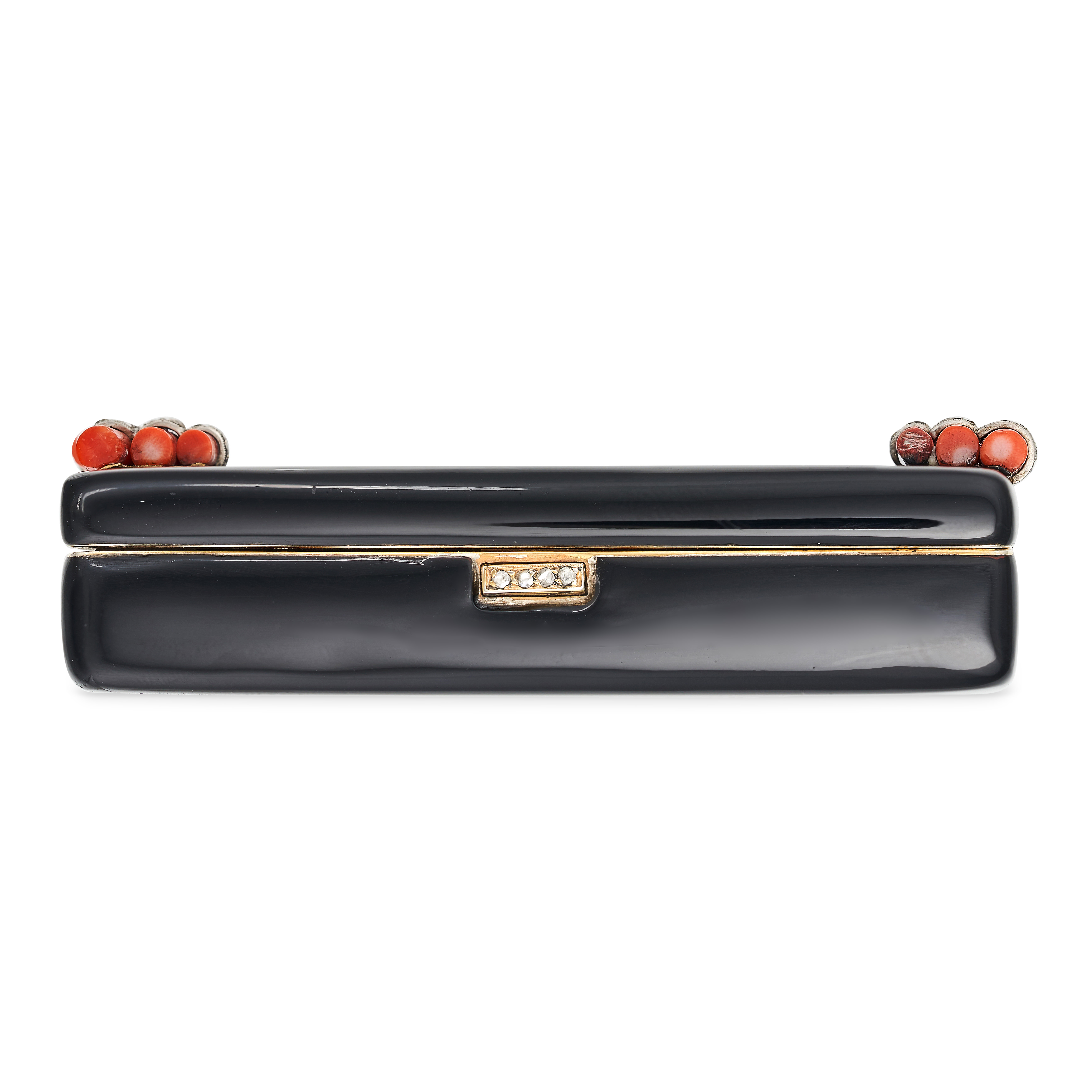 CARTIER, AN ART DECO BLACK ENAMEL, CORAL AND DIAMOND BOX in silver gilt, the box decorated throug... - Image 2 of 3