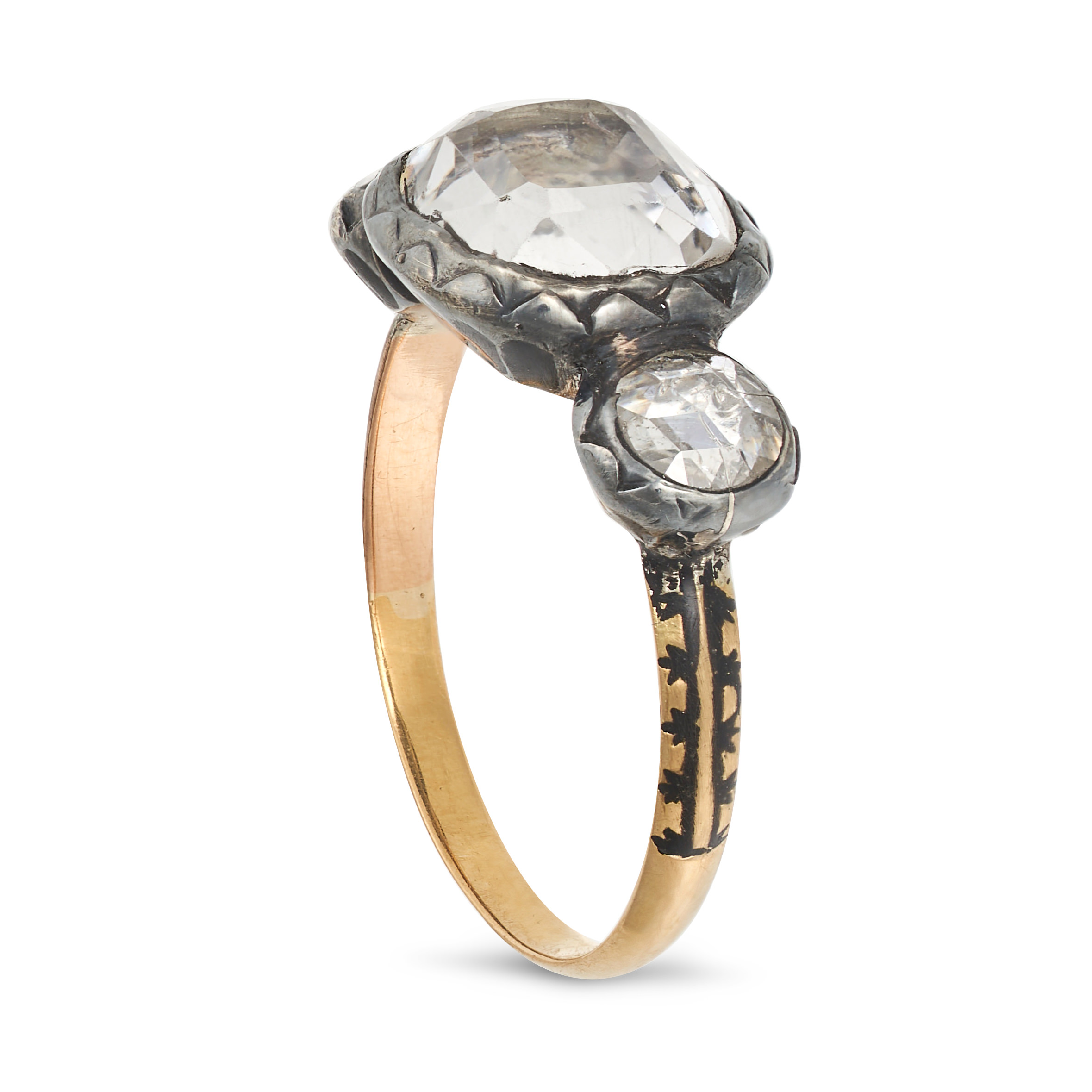 AN ANTIQUE GEORGIAN ROCK CRYSTAL, DIAMOND AND ENAMEL MEMENTO MORI RING in yellow gold and silver,... - Image 2 of 2