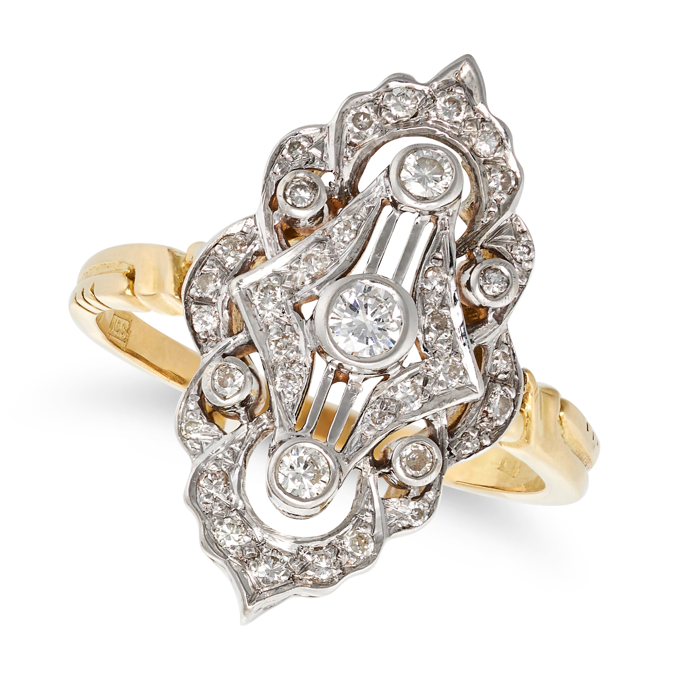 A DIAMOND DRESS RING in 18ct yellow and white gold, in an openwork navette design set throughout ...