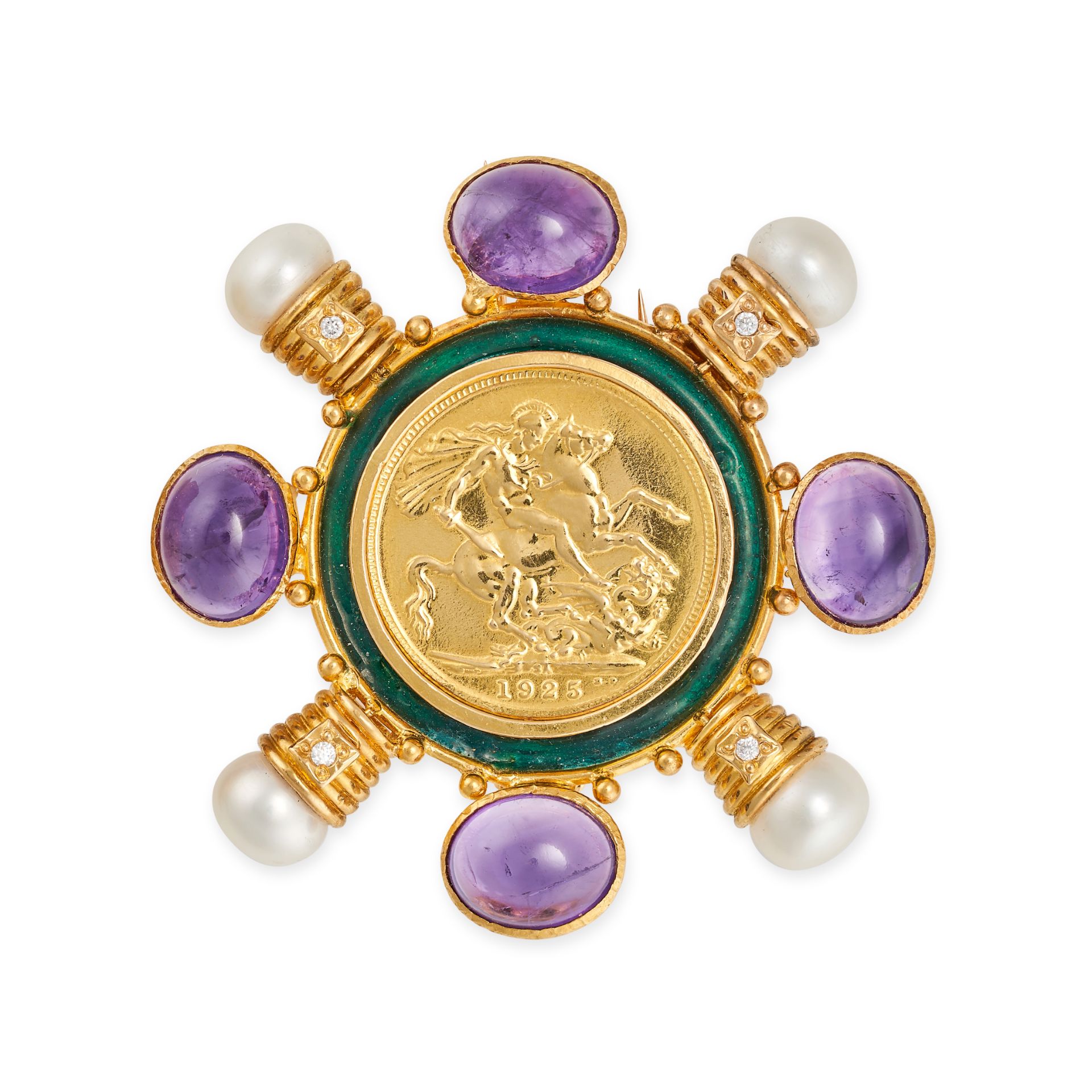 AN AMETHYST, PEARL, DIAMOND AND ENAMEL GOLD SOVEREIGN COIN CLIP BROOCH in high carat yellow gold,...