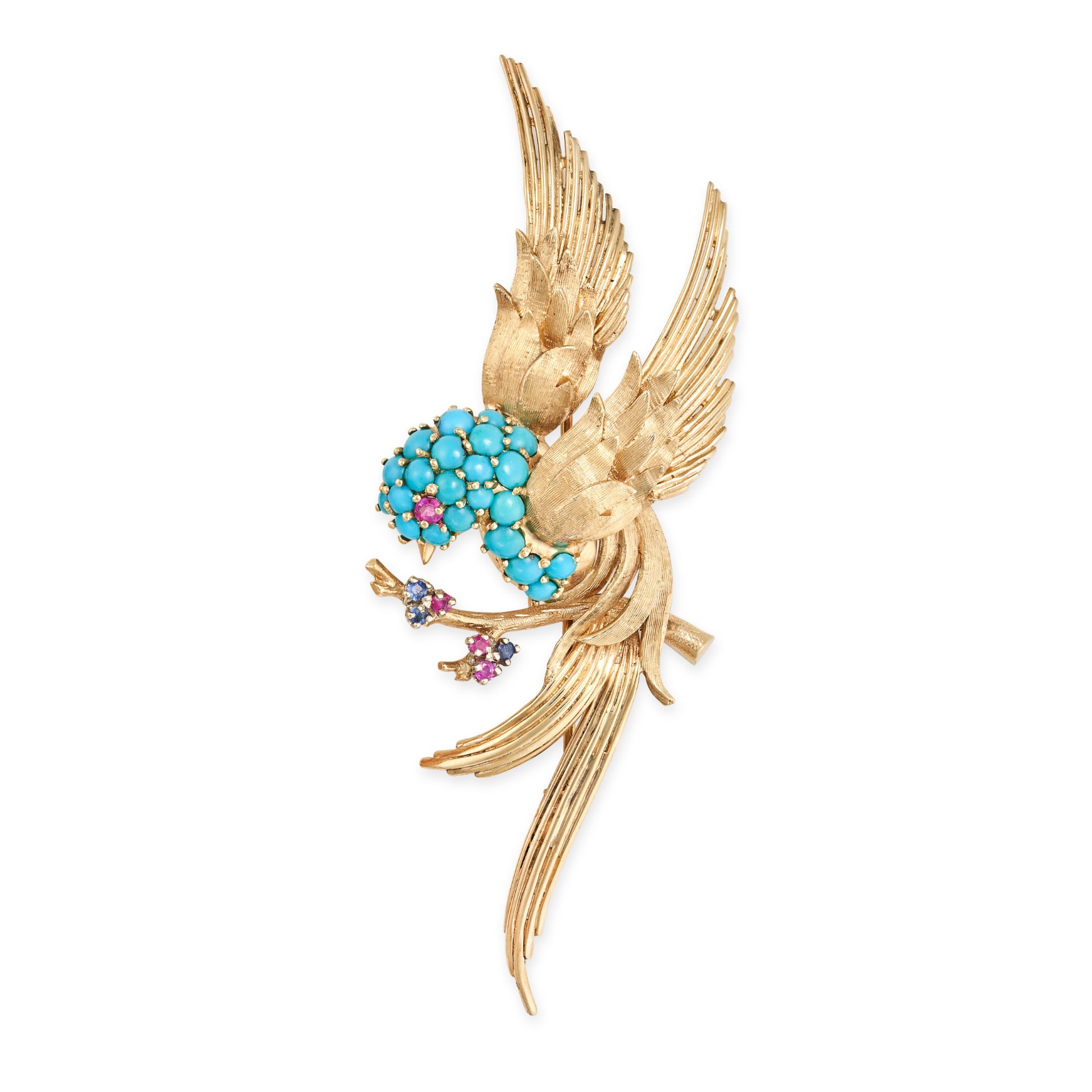 A VINTAGE TURQUOISE, RUBY AND SAPPHIRE BIRD BROOCH in 14ct yellow gold, designed as a bird perche...