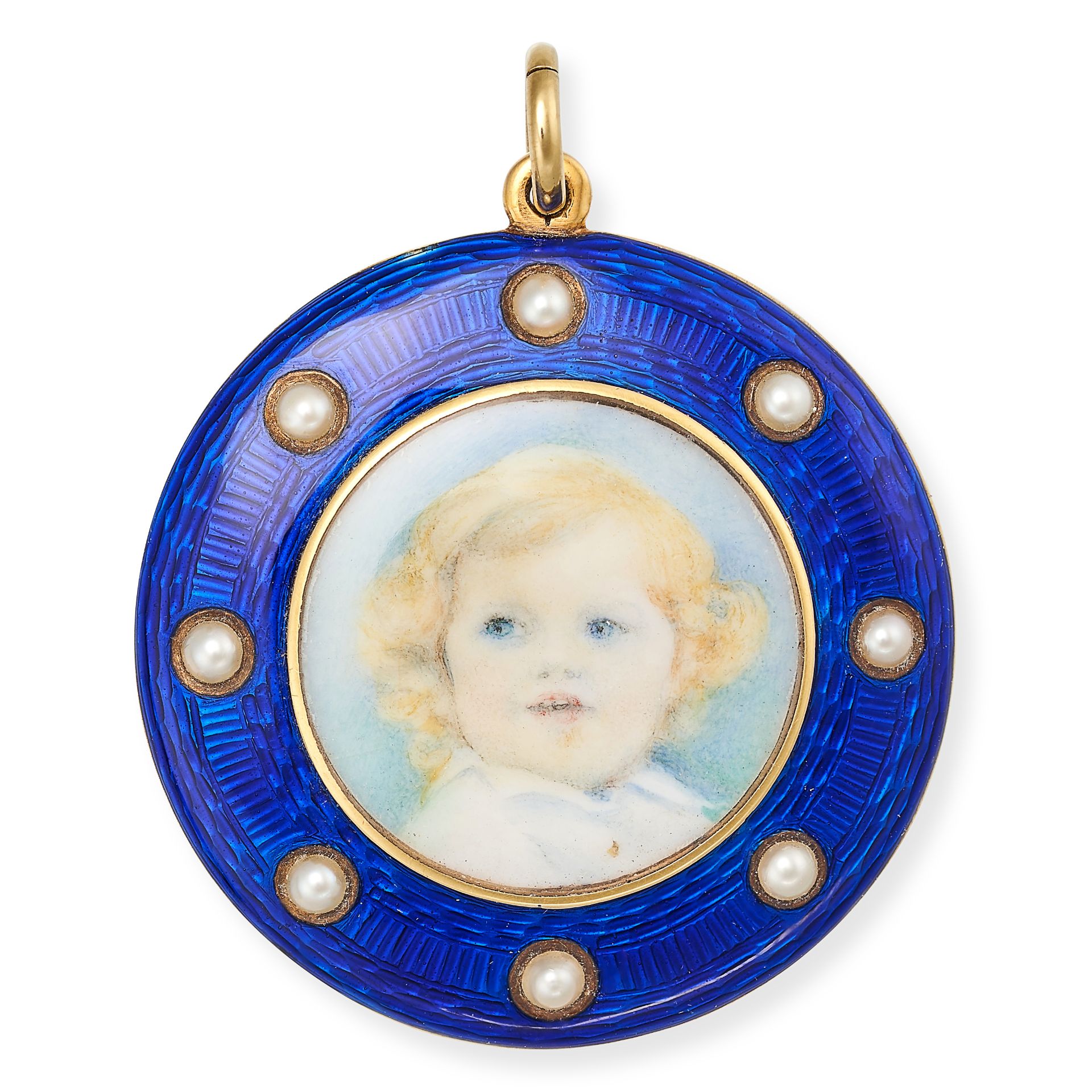 AN ANTIQUE ENAMEL AND PEARL PAINTED MINIATURE PENDANT in yellow gold, the circular pendant set wi...