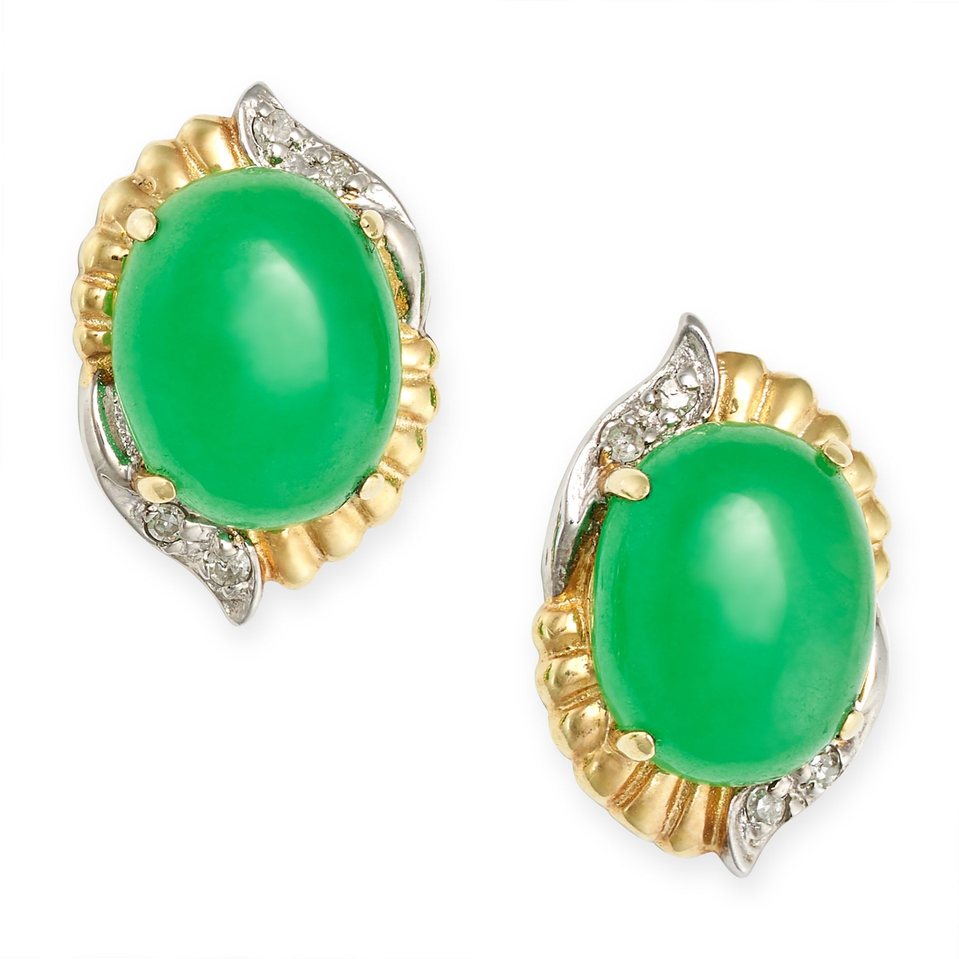 A PAIR OF GREEN QUARTZITE AND DIAMOND EARRINGS in 14ct yellow and white gold, each set with a cab...