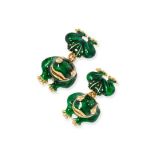 SAZINGG, A PAIR OF ENAMEL FROG CUFFLINKS in 18ct yellow gold, the bodies decorated with green ena...