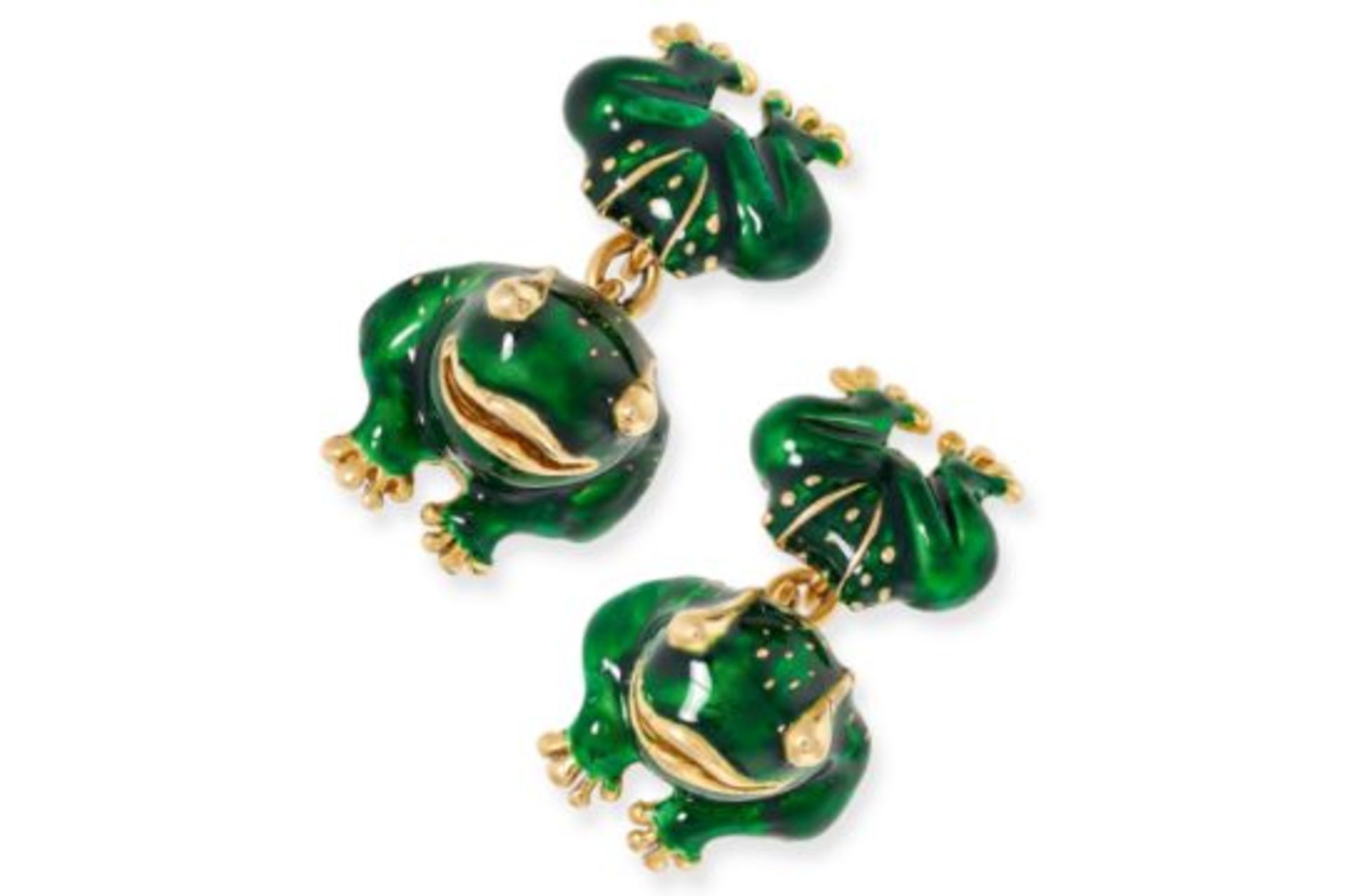 SAZINGG, A PAIR OF ENAMEL FROG CUFFLINKS in 18ct yellow gold, the bodies decorated with green ena...