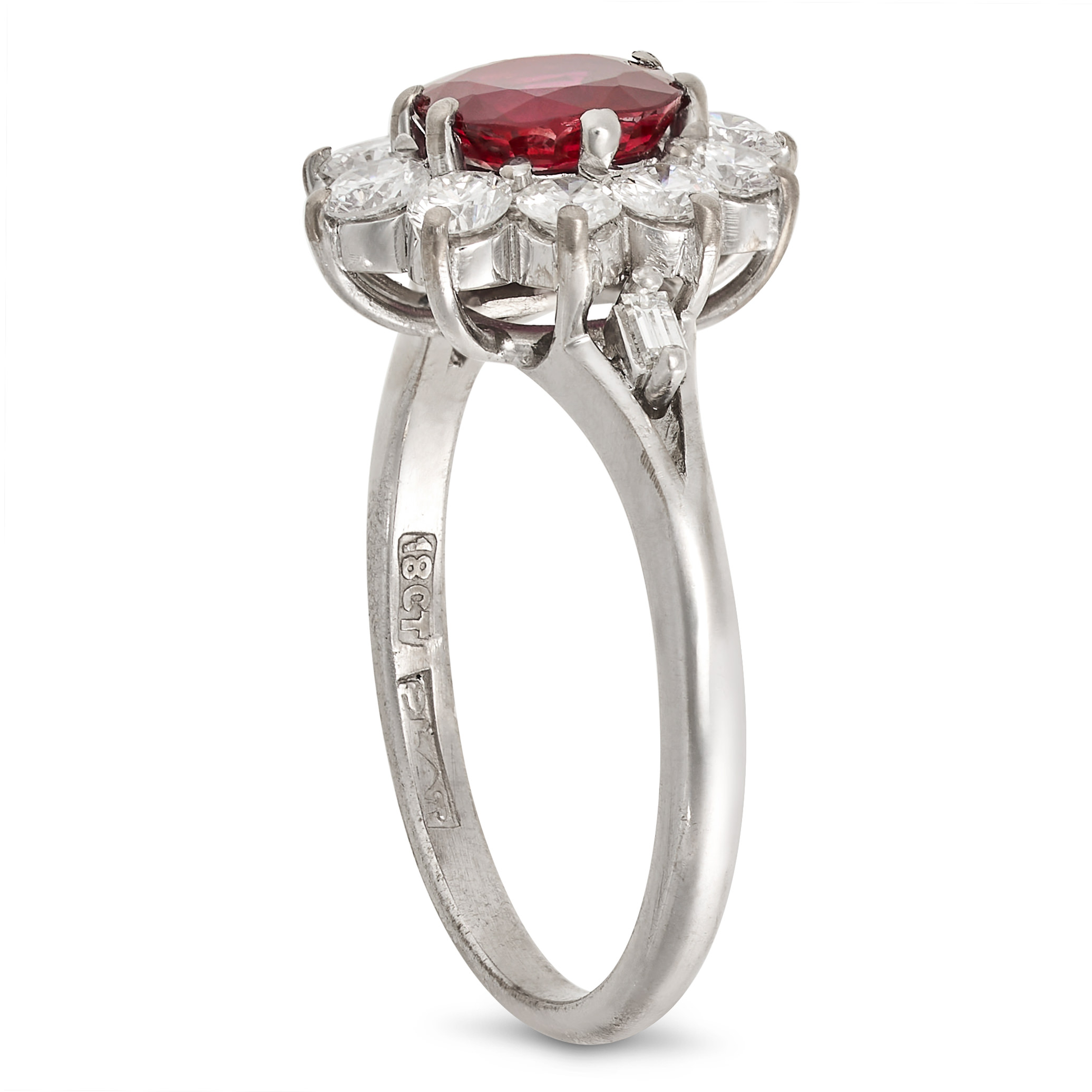 A RUBY AND DIAMOND CLUSTER RING in 18ct white gold and platinum, set with an oval cut ruby of app... - Image 2 of 2