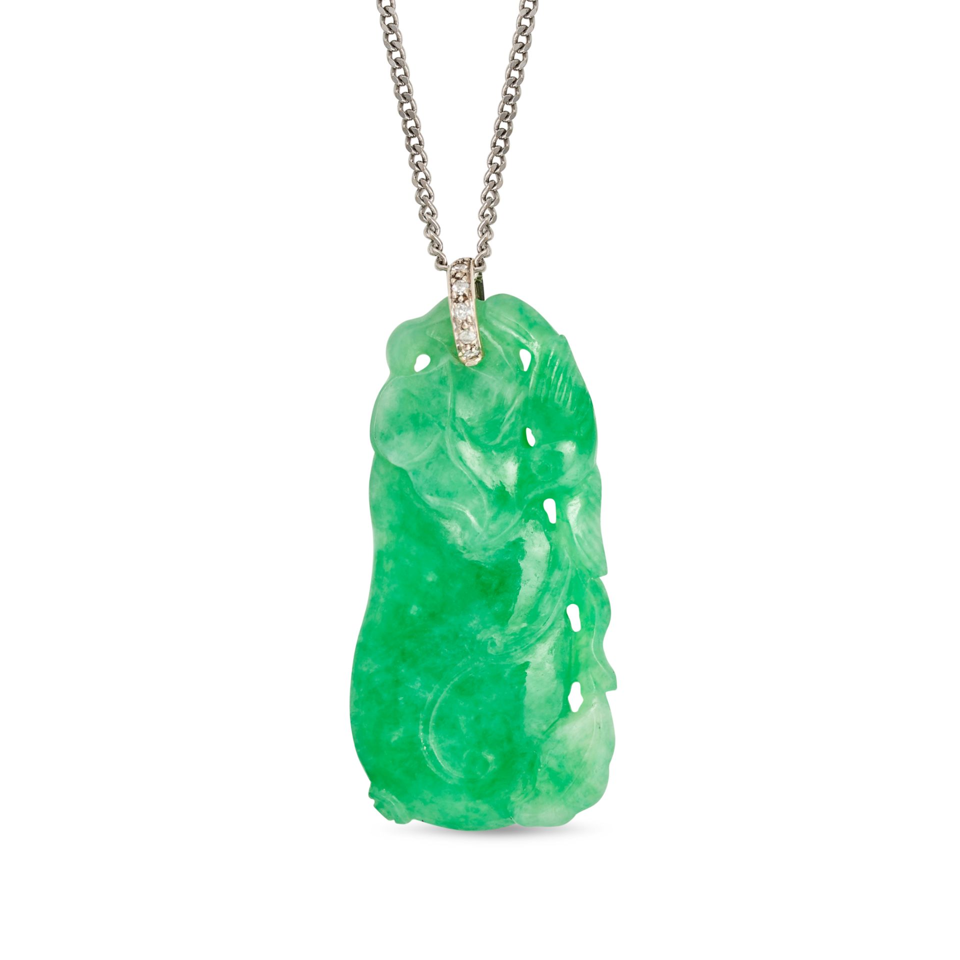 A JADEITE JADE AND DIAMOND PENDANT NECKLACE in 18ct white gold, the jadeite jade carved to depict...