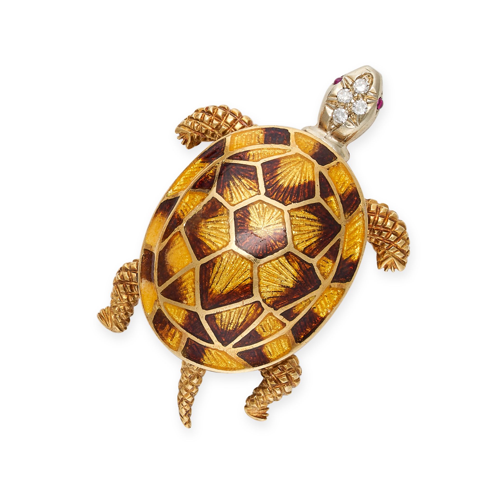 A VINTAGE ENAMEL, DIAMOND AND RUBY TURTLE BROOCH in 18ct yellow gold, designed as a turtle with a...