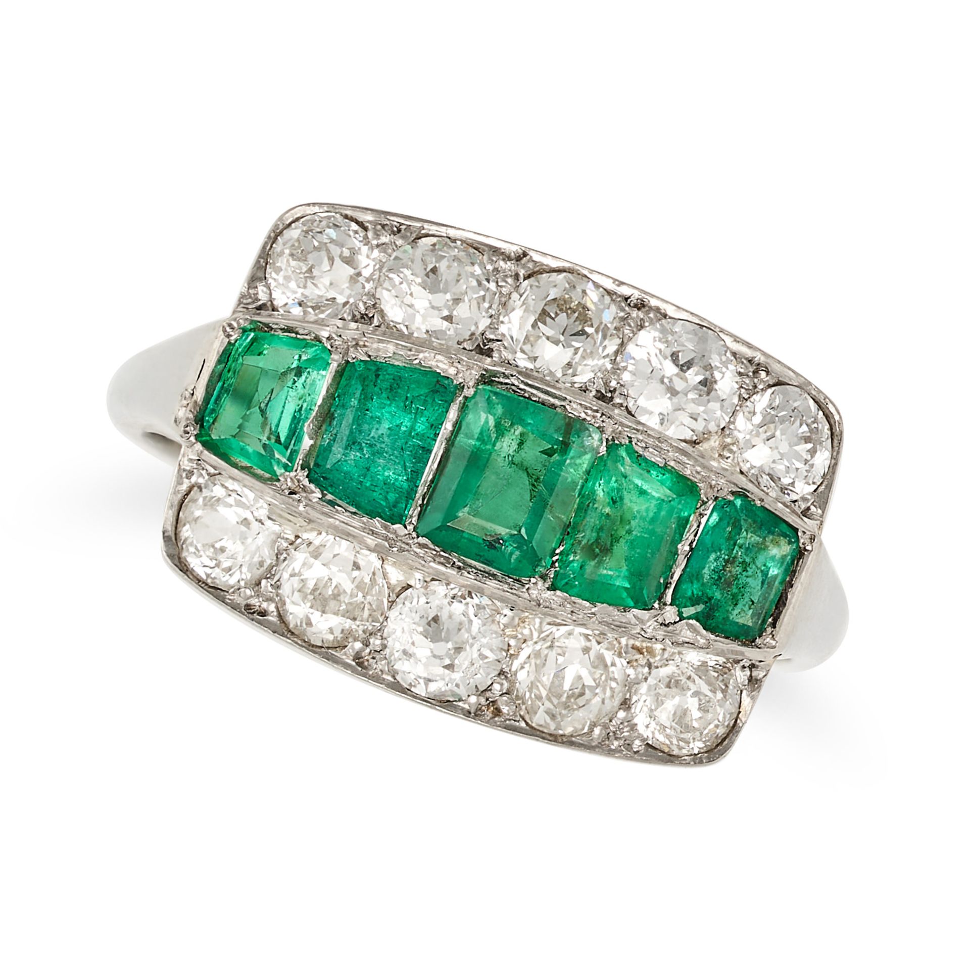 AN VINTAGE EMERALD AND DIAMOND RING in 18ct white gold, set with five step cut emeralds totalling...