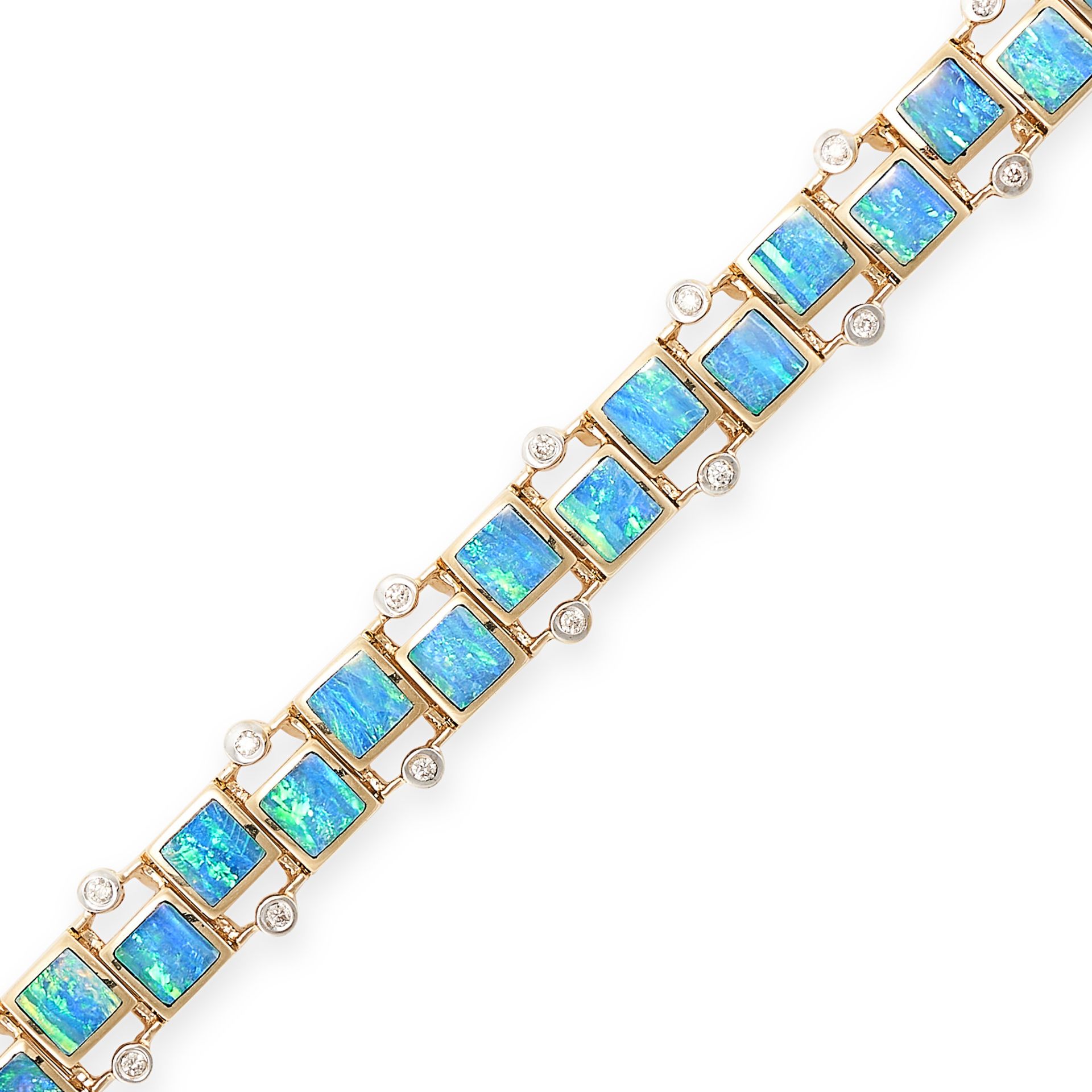 A BLACK OPAL AND DIAMOND BRACELET in 14ct yellow gold, set with a series of square opal slices ac...