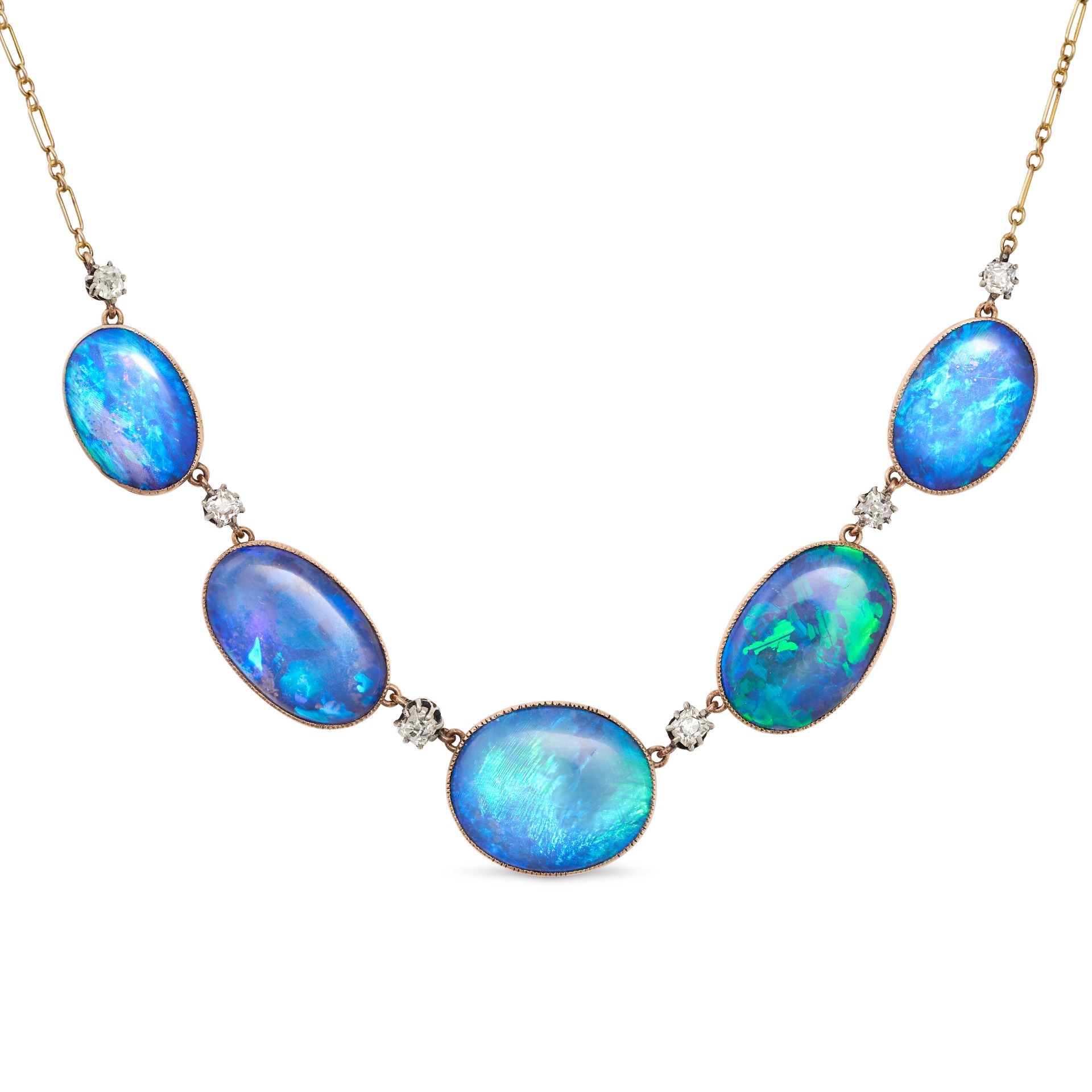 AN ANTIQUE BLACK OPAL AND DIAMOND NECKLACE in yellow gold, set with five oval cabochon black opal...