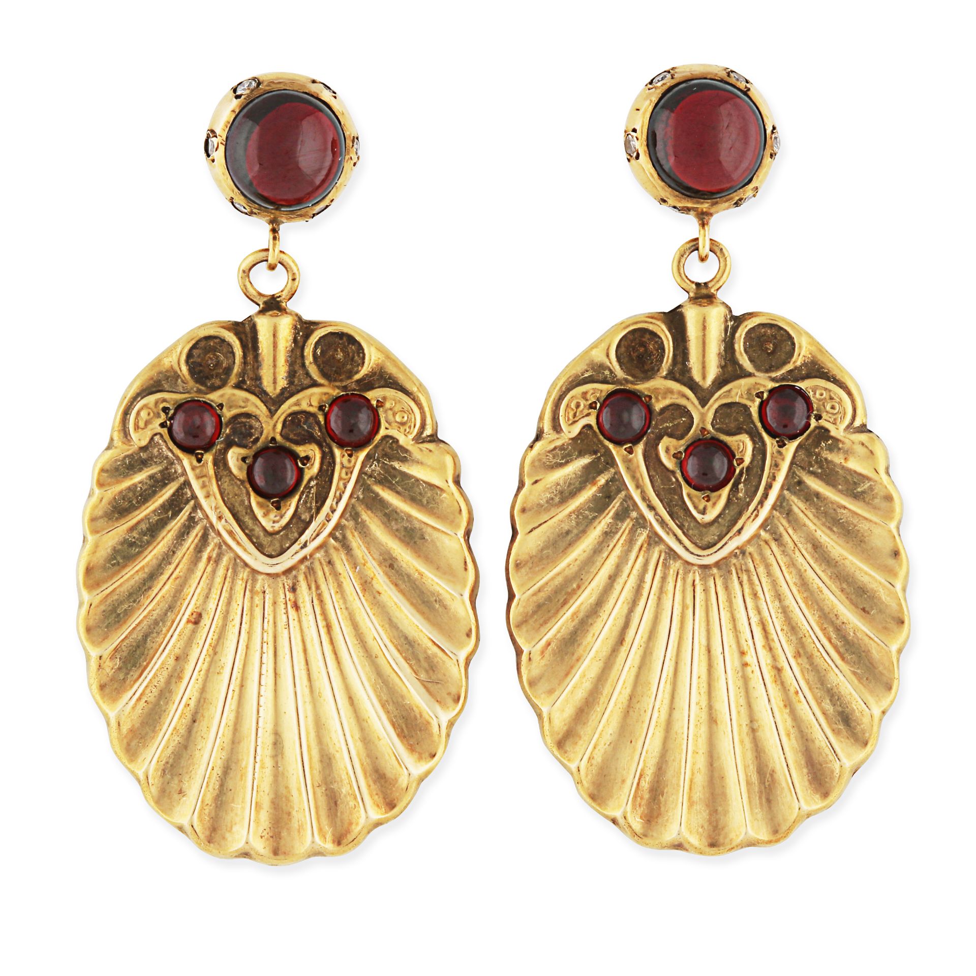 A PAIR OF ANTIQUE GARNET AND DIAMOND DROP EARRINGS in yellow gold, each set with a cabochon garne...