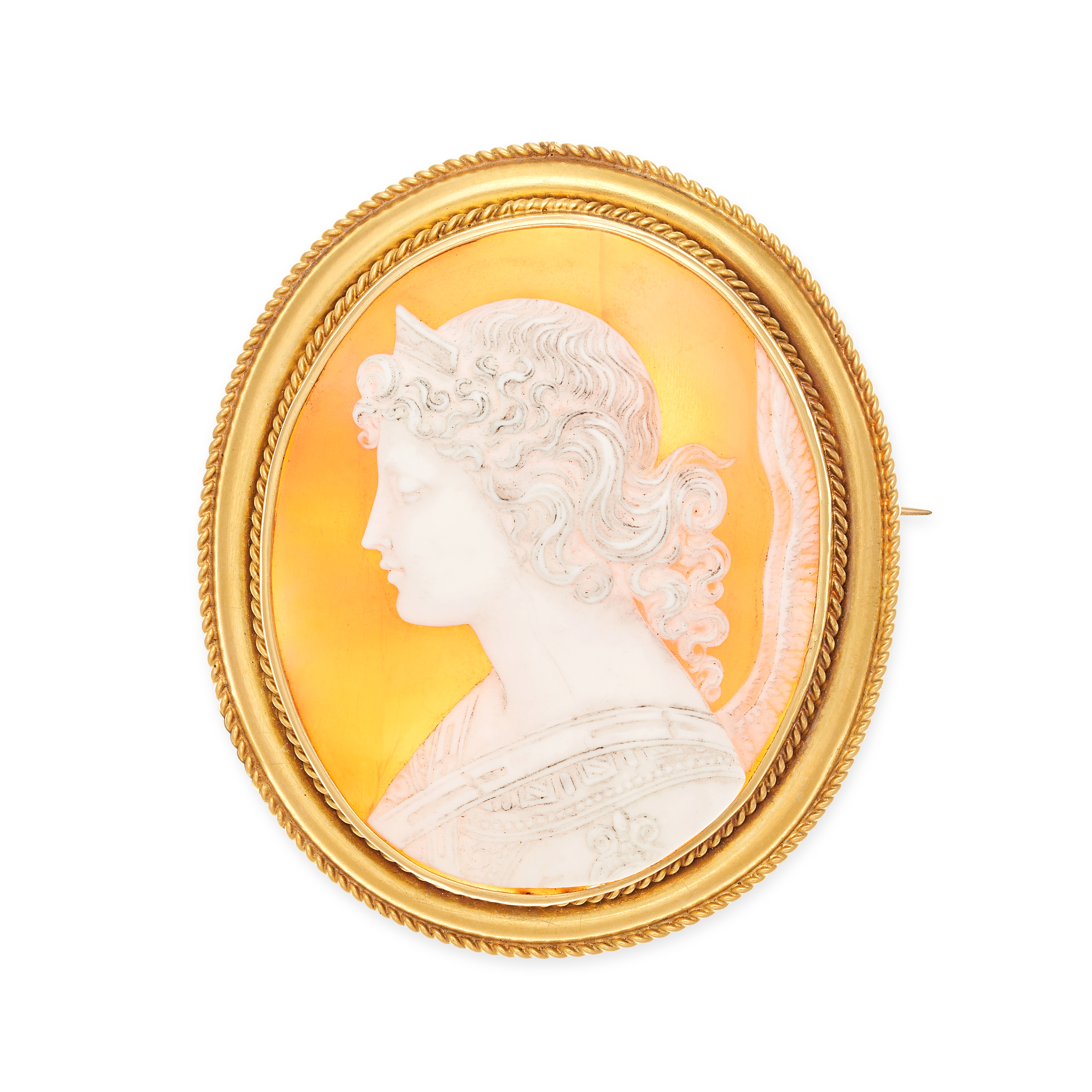 AN ANTIQUE VICTORIAN CAMEO BROOCH, 19TH CENTURY in yellow gold, the shell cameo carved to depict ...