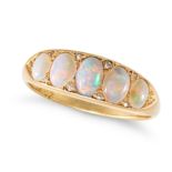 AN ANTIQUE OPAL AND DIAMOND RING in 18ct yellow gold, set with five oval cabochon opals accented ...