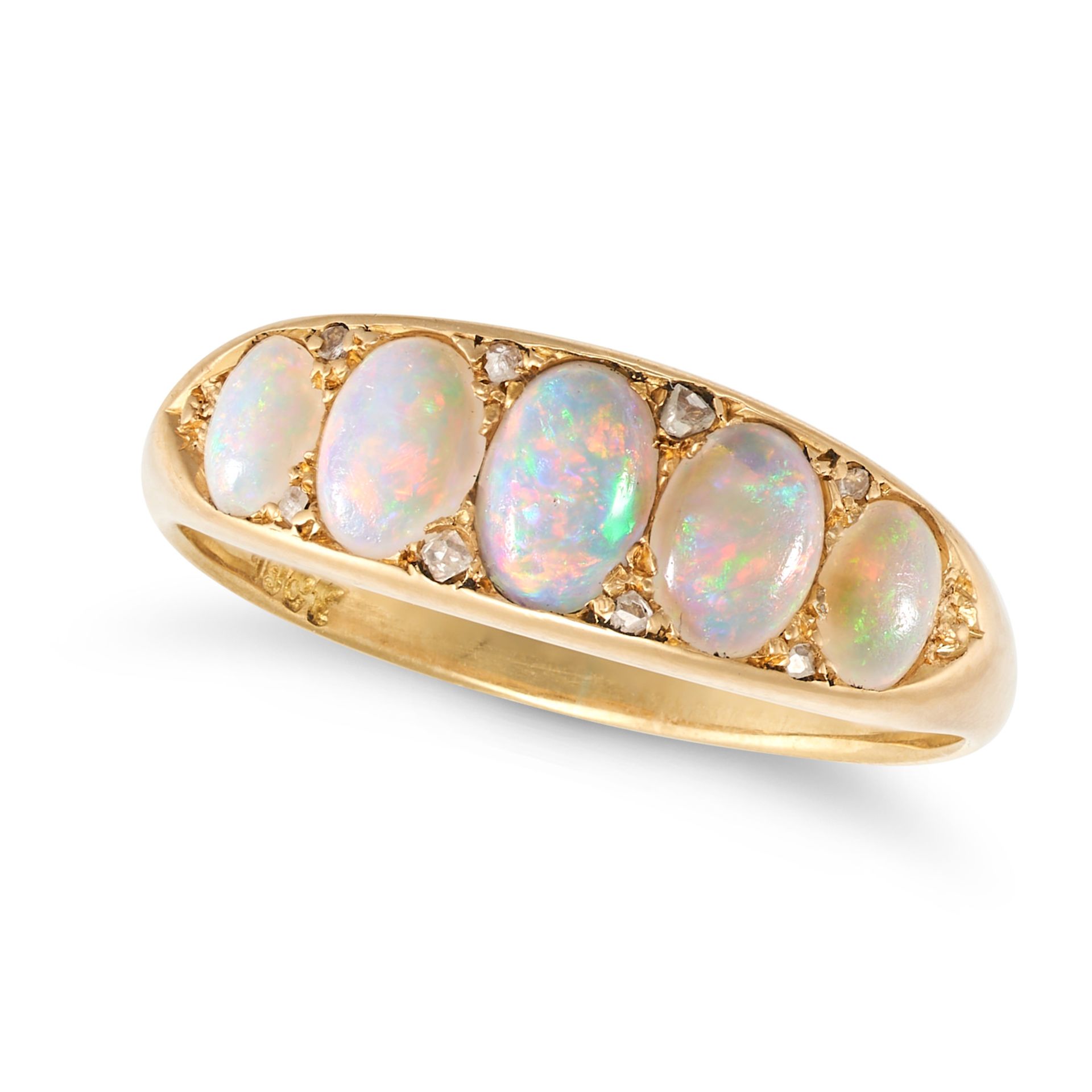 AN ANTIQUE OPAL AND DIAMOND RING in 18ct yellow gold, set with five oval cabochon opals accented ...