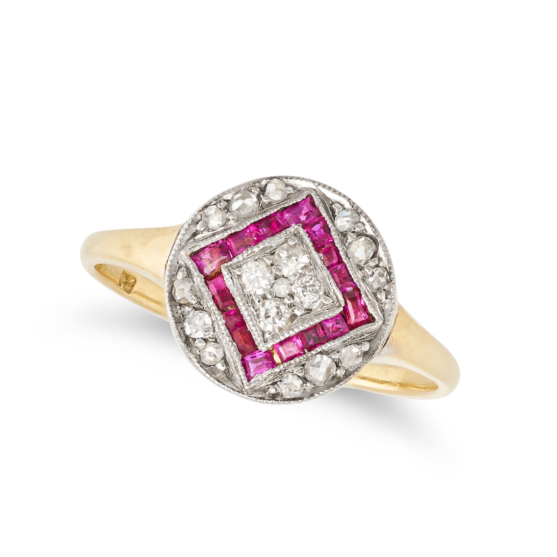 AN ANTIQUE ART DECO RUBY AND DIAMOND RING in 18ct yellow gold, the circular face set with a clust...