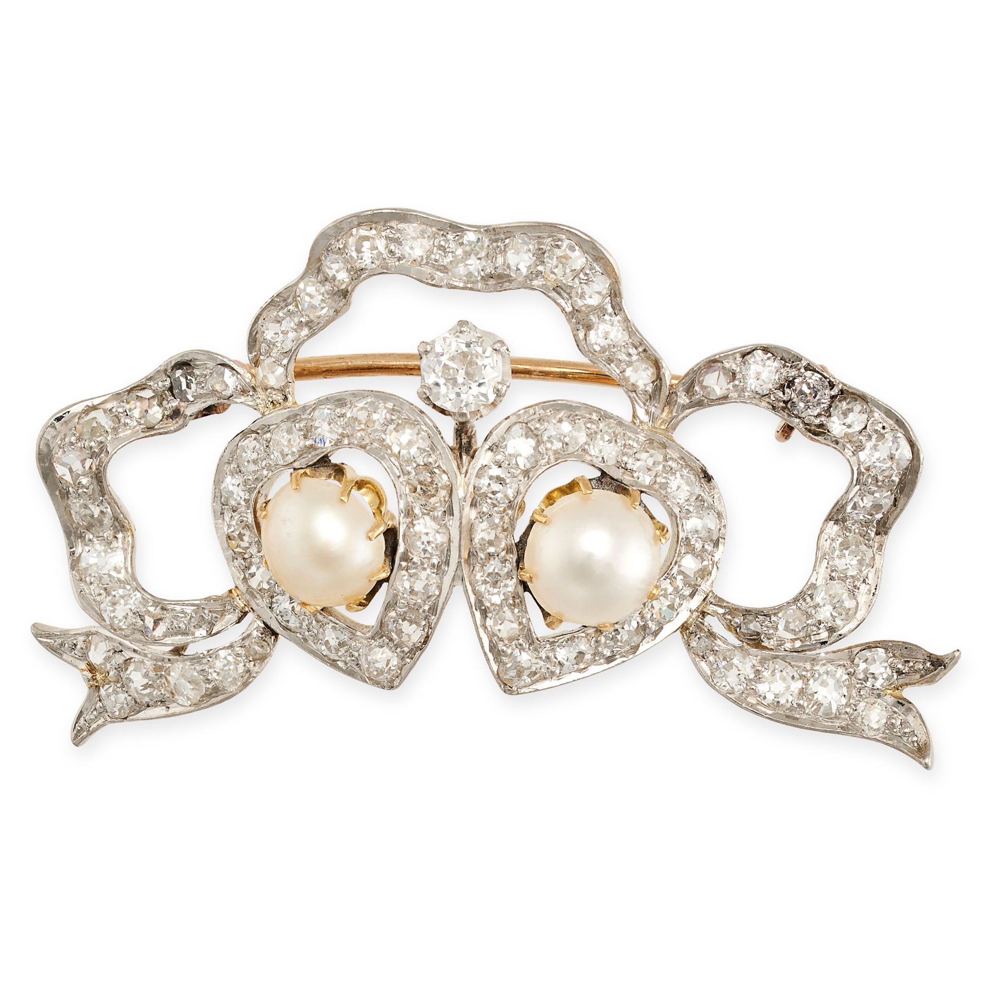 A PEARL AND DIAMOND SWEETHEART BROOCH in yellow gold and silver, designed as two hearts each set ...