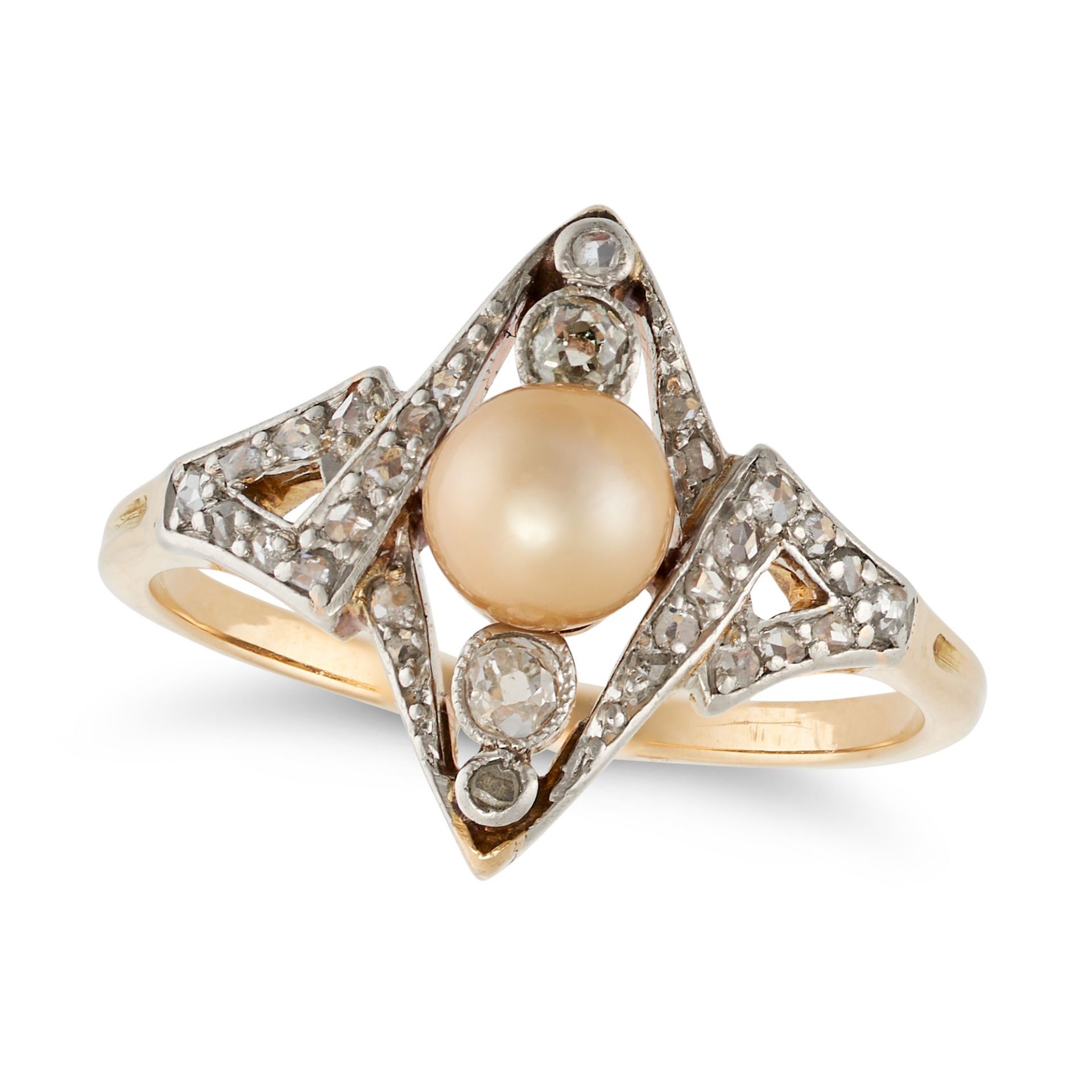 AN ANTIQUE NATURAL SALTWATER PEARL AND DIAMOND DRESS RING in yellow gold and platinum, set with a...