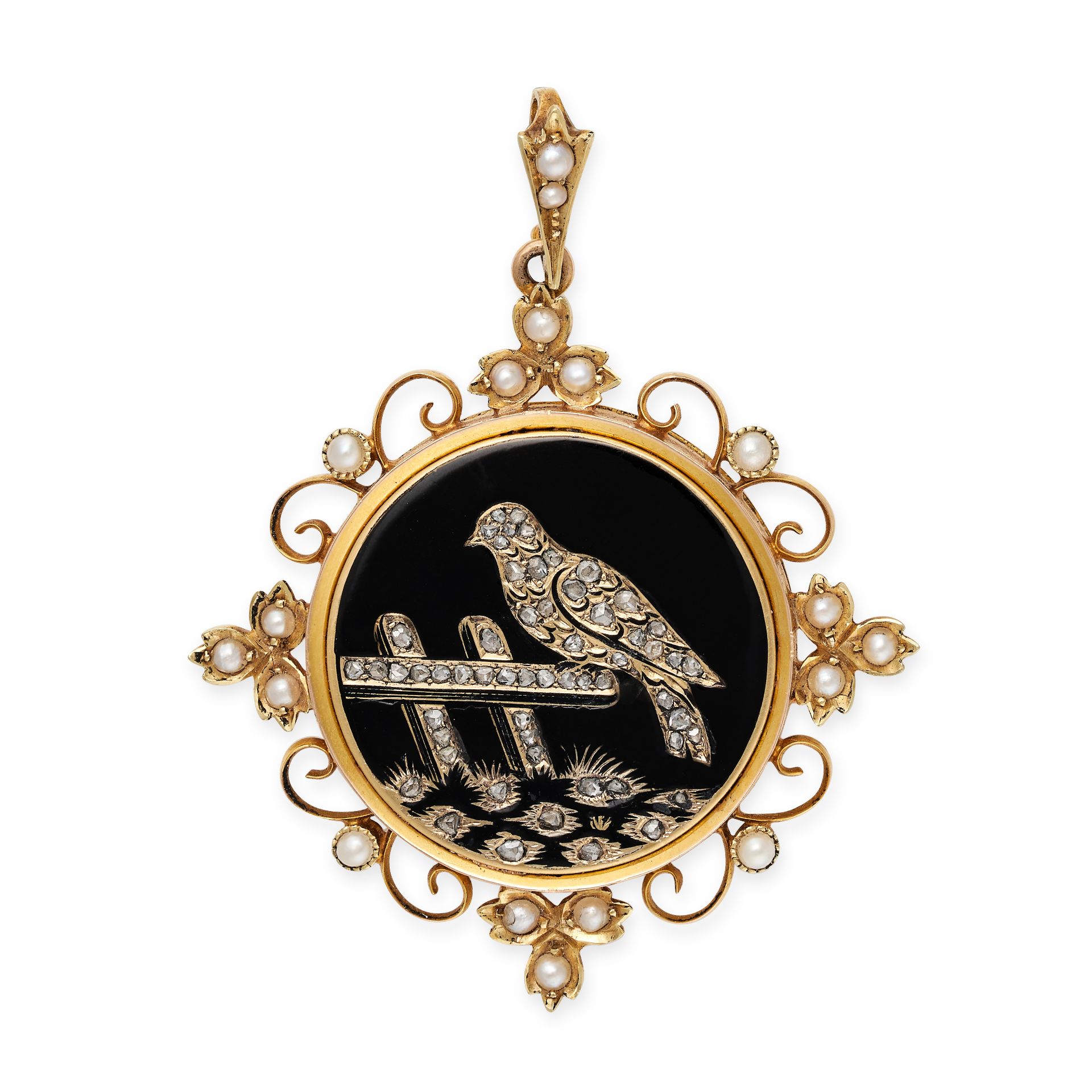 AN ANTIQUE DIAMOND, ONYX AND PEARL BIRD LOCKET PENDANT in 15ct yellow gold, comprising a circular...