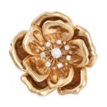 CARTIER, A VINTAGE DIAMOND FLOWER BROOCH in 18ct yellow gold, designed as a rose, set to the cent...