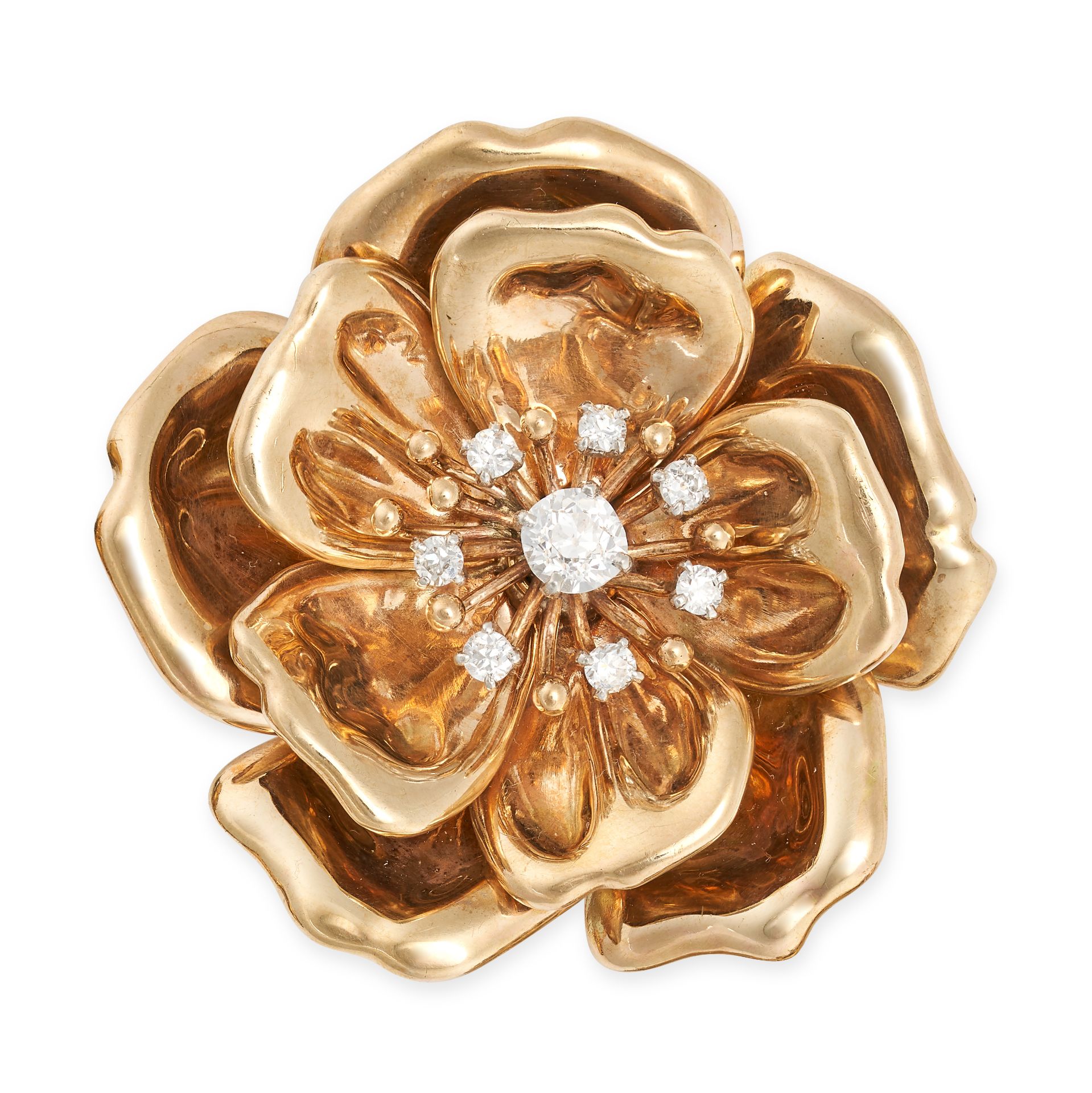 CARTIER, A VINTAGE DIAMOND FLOWER BROOCH in 18ct yellow gold, designed as a rose, set to the cent...