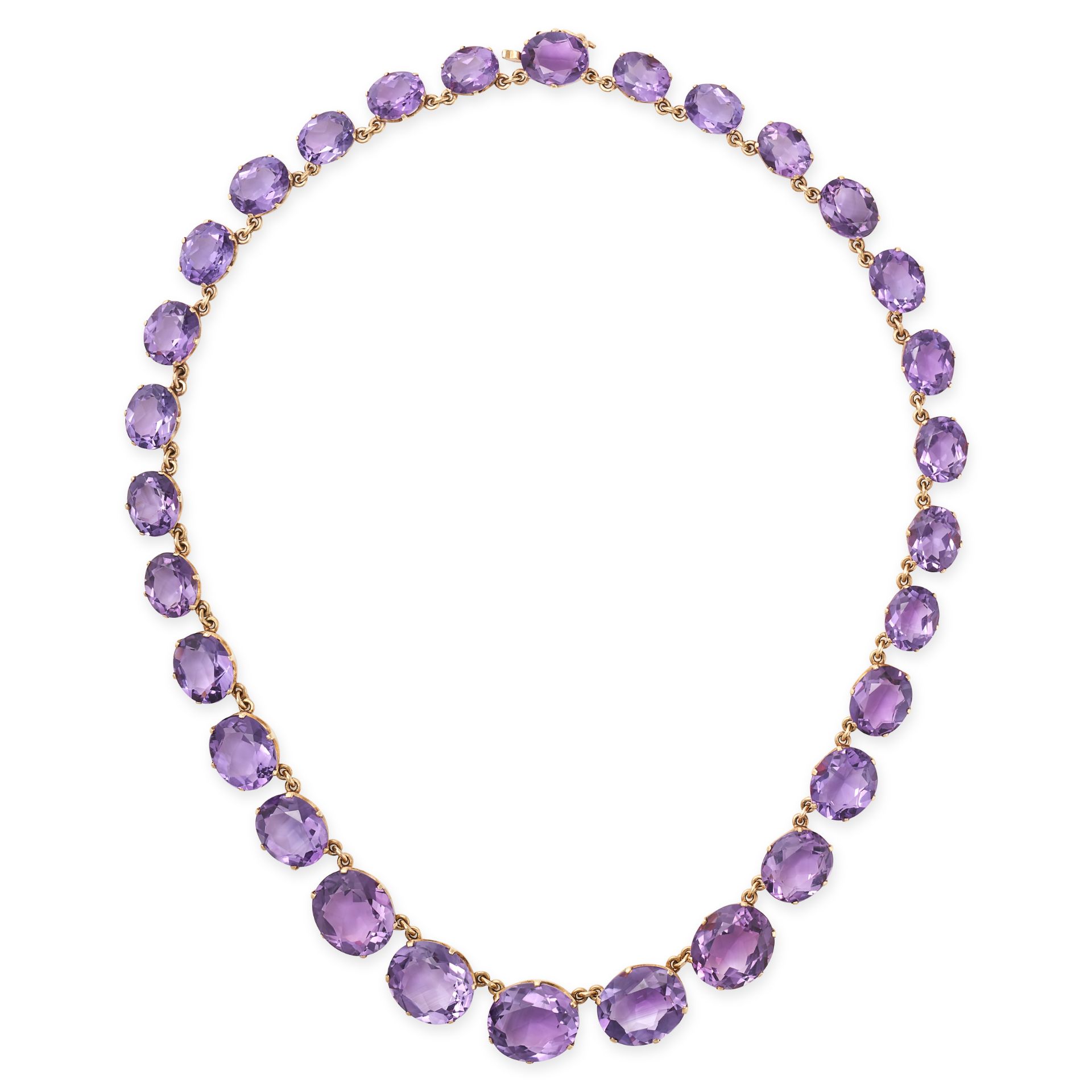 AN AMETHYST RIVIERE NECKLACE in yellow gold, comprising a row of graduated oval cut amethysts, 40...