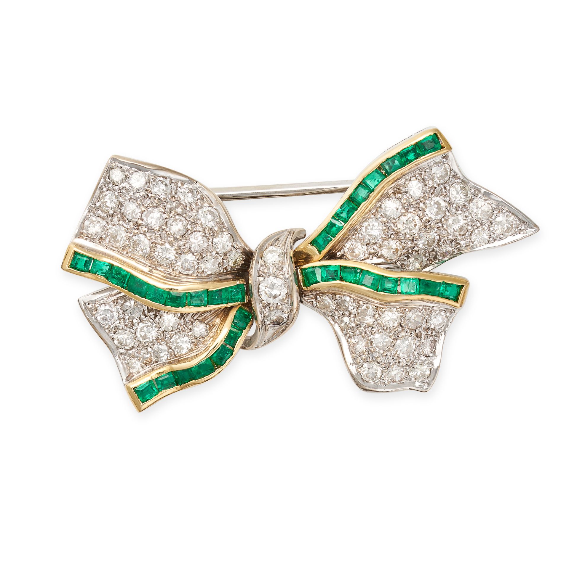 A VINTAGE EMERALD AND DIAMOND BOW BROOCH in 18ct white and yellow gold, designed as a ribbon tied...