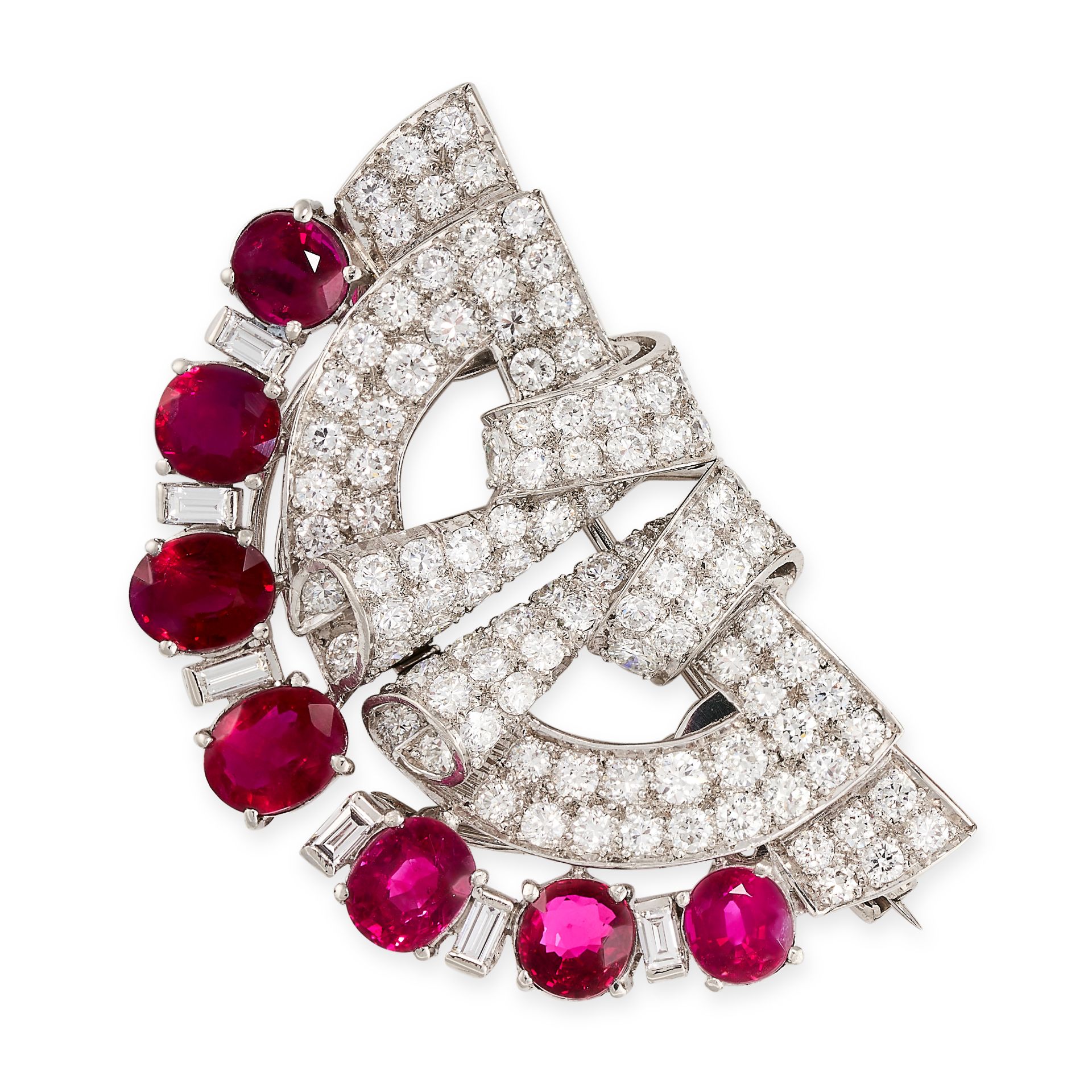 A FINE VINTAGE RUBY AND DIAMOND DOUBLE CLIP BROOCH comprising two clip brooches of scrolling desi...