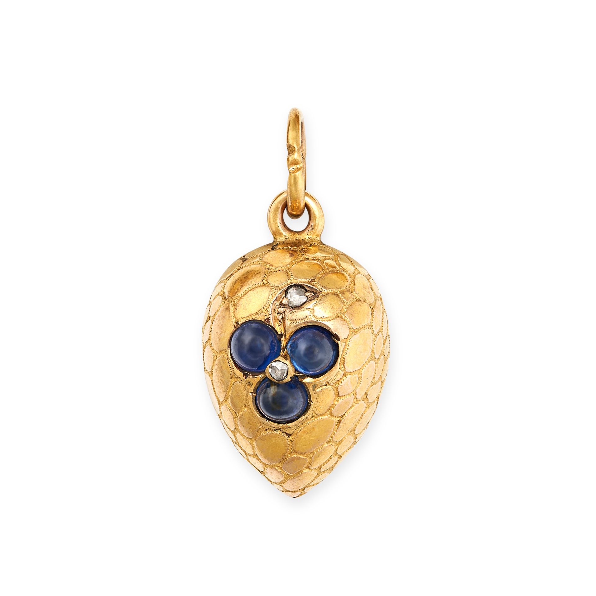 AN ANTIQUE SAPPHIRE AND DIAMOND CLOVER EGG PENDANT in yellow gold, the patinated body with a thre...