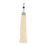 AN ANTIQUE NATURAL SALTWATER PEARL, DIAMOND AND LAPIS LAZULI TASSEL PENDANT set with old cut diam...