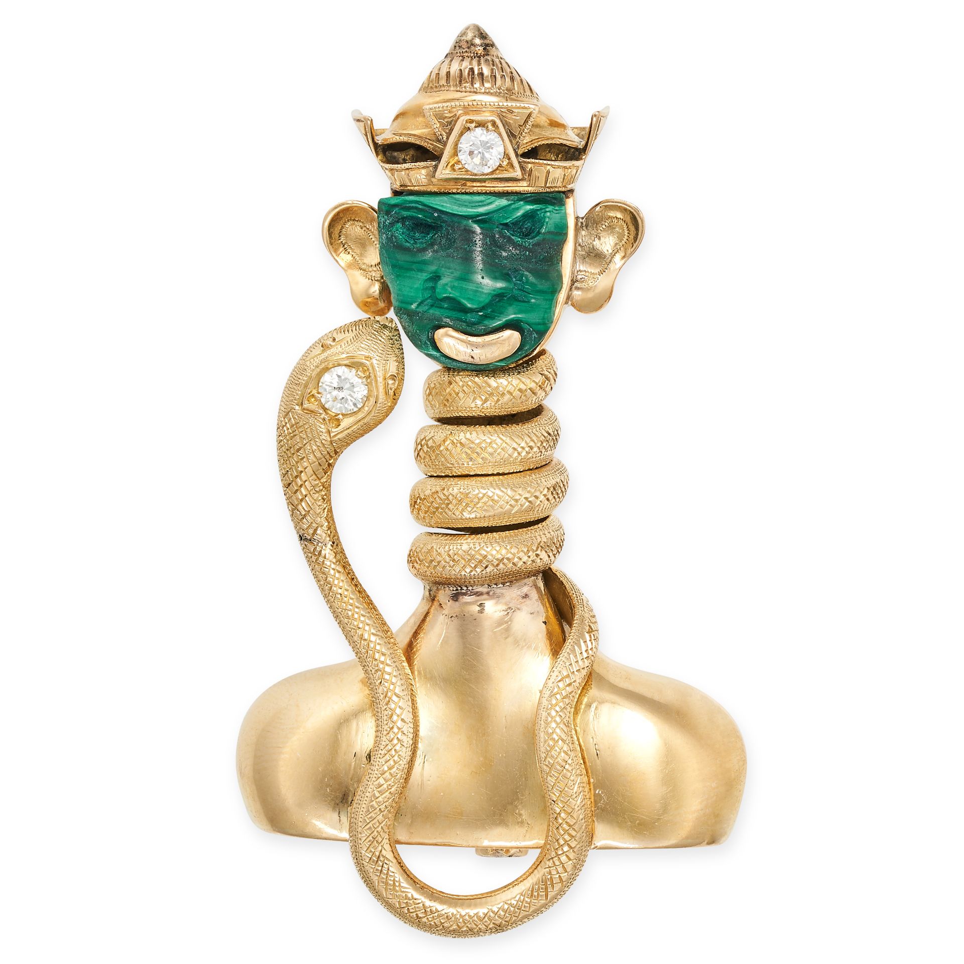 A VINTAGE MALACHITE AND DIAMOND SNAKE CHARMER BROOCH in 18ct yellow gold, designed as a snake cha...