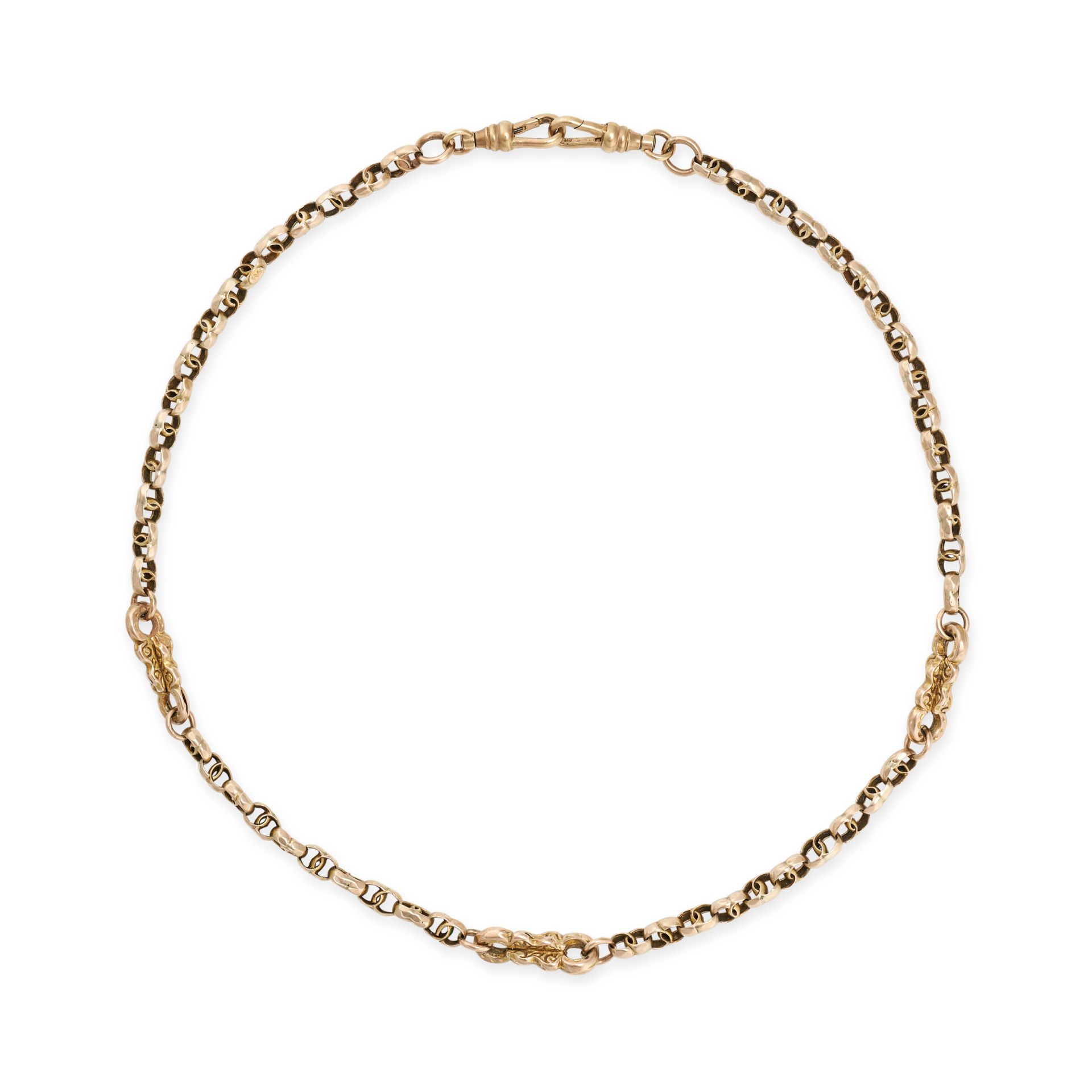 A VINTAGE ALBERT CHAIN in 9ct yellow gold, comprising a row of fancy links terminating at each en...