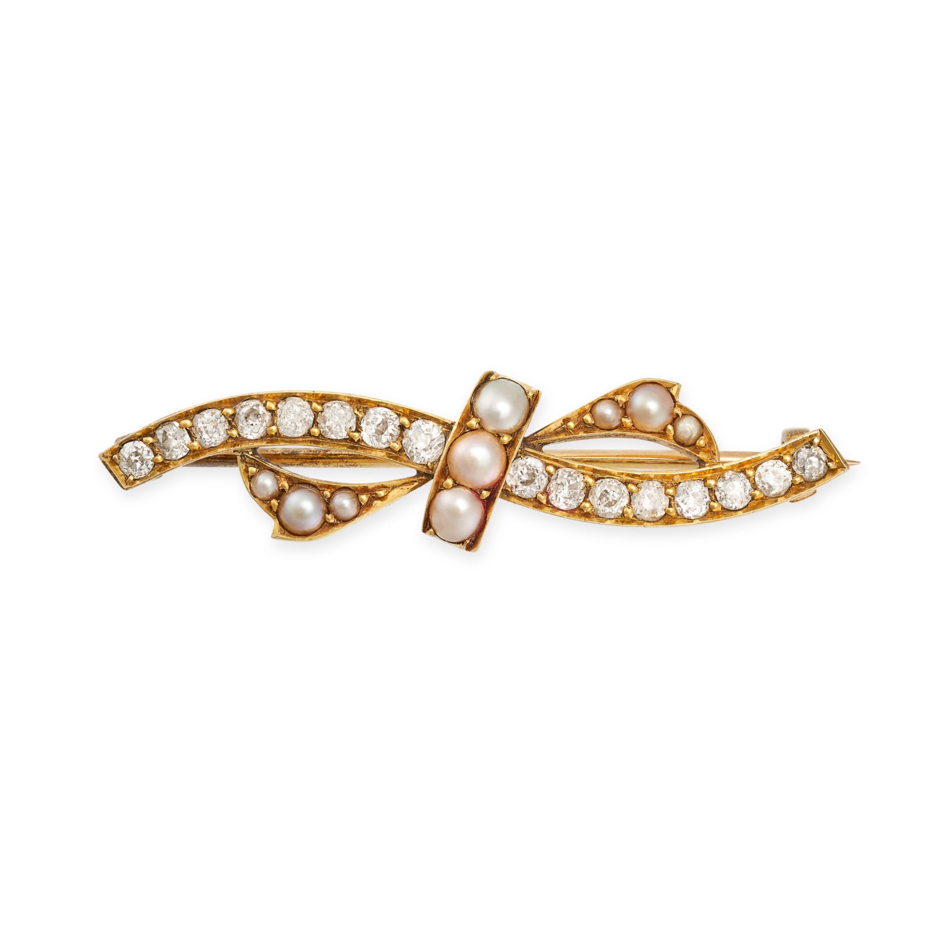 AN ANTIQUE DIAMOND AND PEARL BROOCH in yellow gold, designed as a ribbon set with pearls and old ...