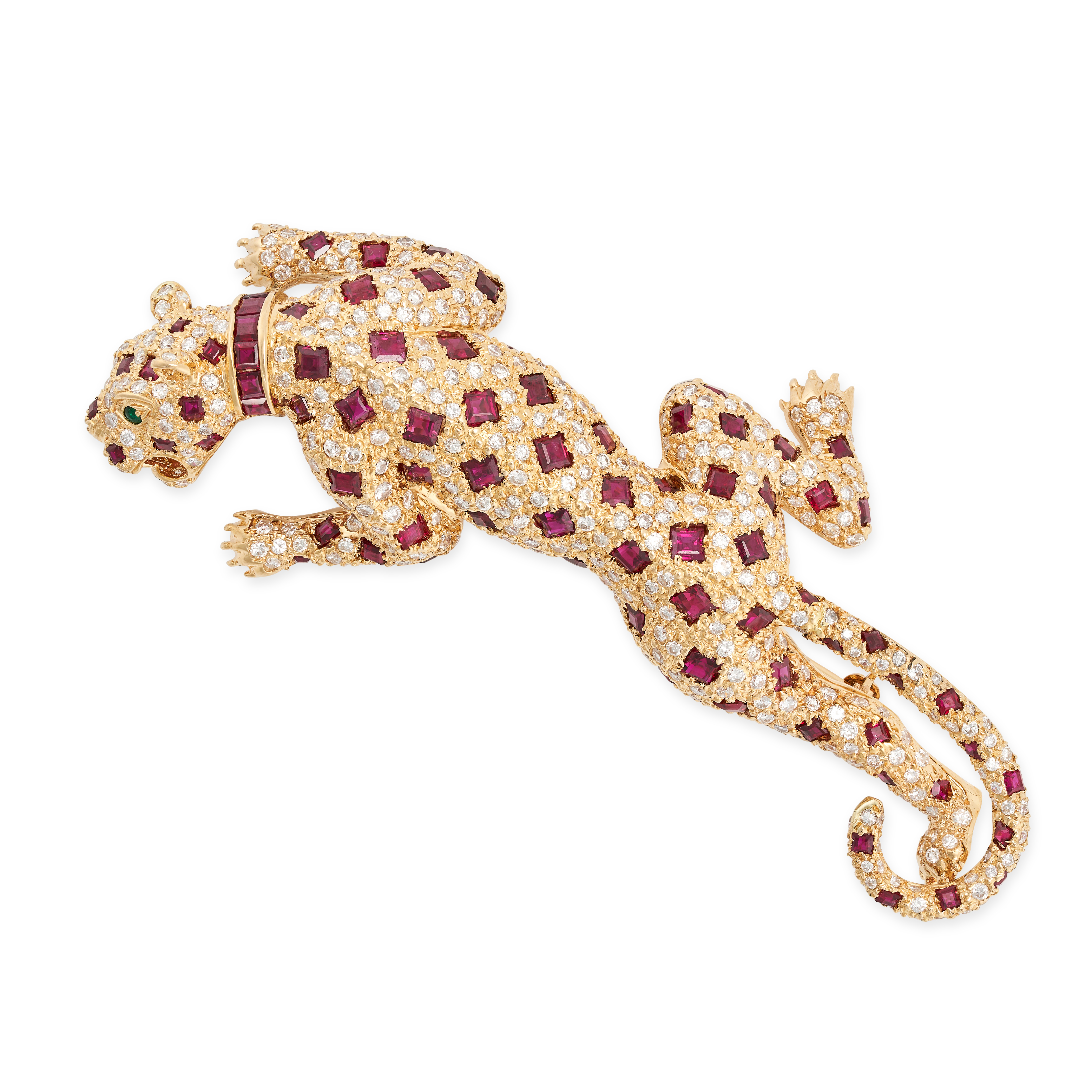 A RUBY, DIAMOND AND EMERALD PANTHER BROOCH / PENDANT in 18ct yellow gold, designed as a panther w...