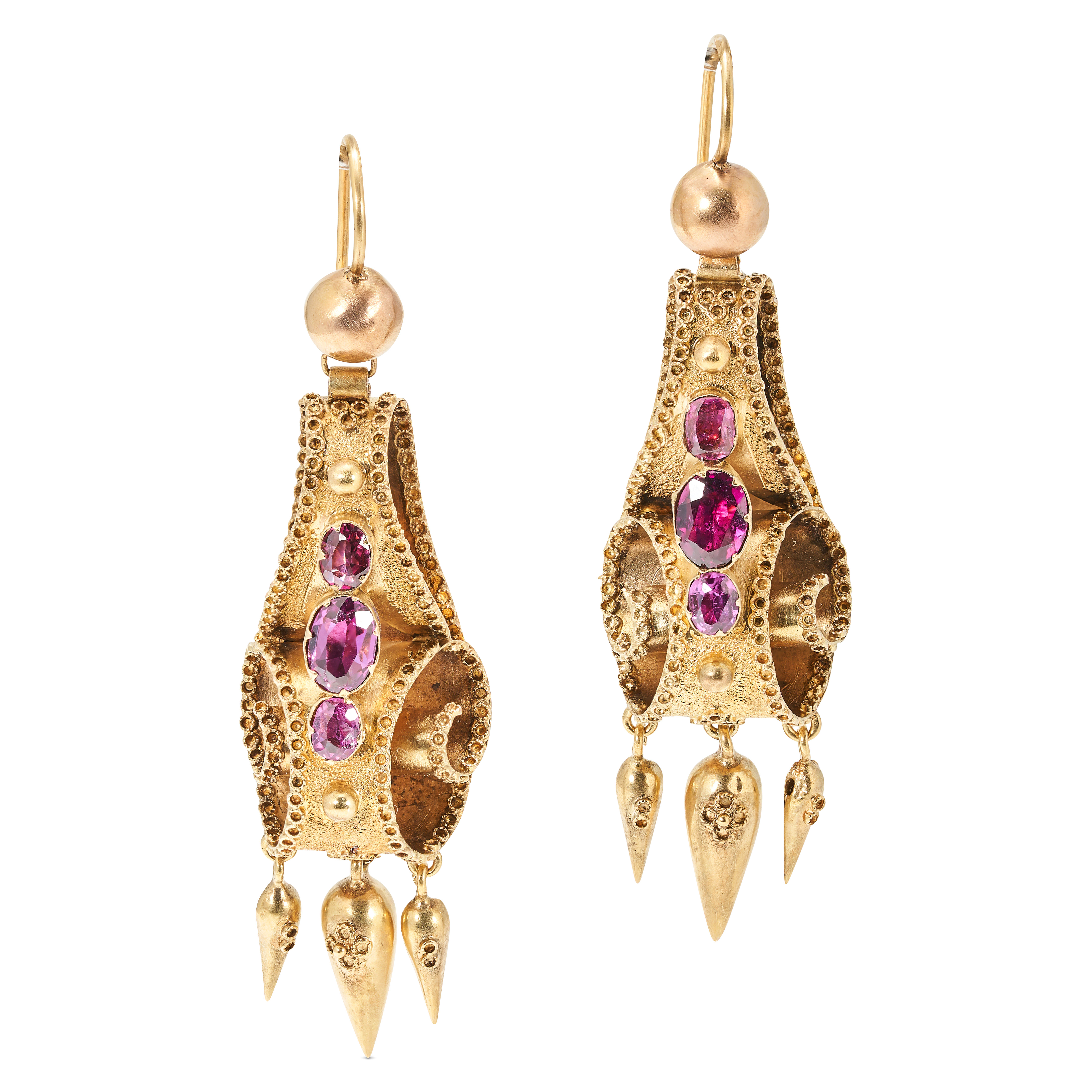 A PAIR OF ANTIQUE GARNET DROP EARRINGS, 19TH CENTURY in yellow gold, the Etruscan revival design ...