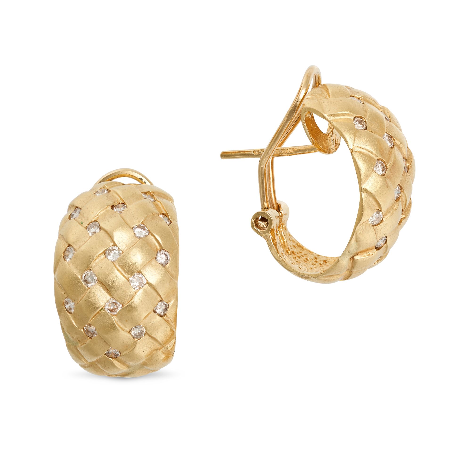 A PAIR OF DIAMOND HOOP EARRINGS in 18ct yellow gold, each in a woven design accented by round bri...