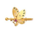 AN ANTIQUE FRENCH RUBY, EMERALD AND DIAMOND BUTTERFLY BROOCH in 18ct yellow gold, the body set wi...