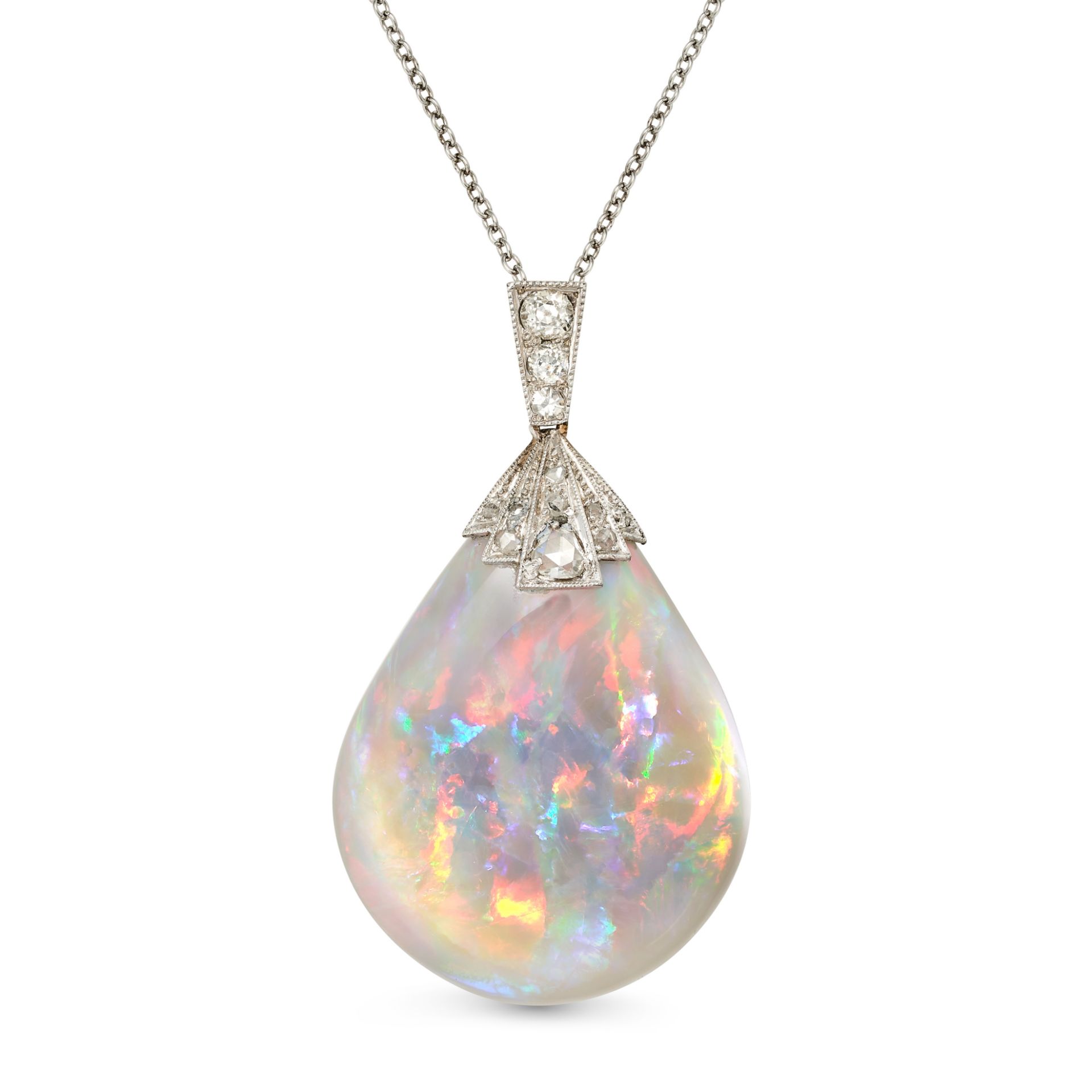 A FINE OPAL AND DIAMOND PENDANT NECKLACE in platinum, the pendant comprising a drop shaped caboch...