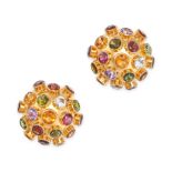 A PAIR OF GEMSET SPUTNIK EARRINGS in yellow gold, the domed bodies set with round cut amethyst, p...